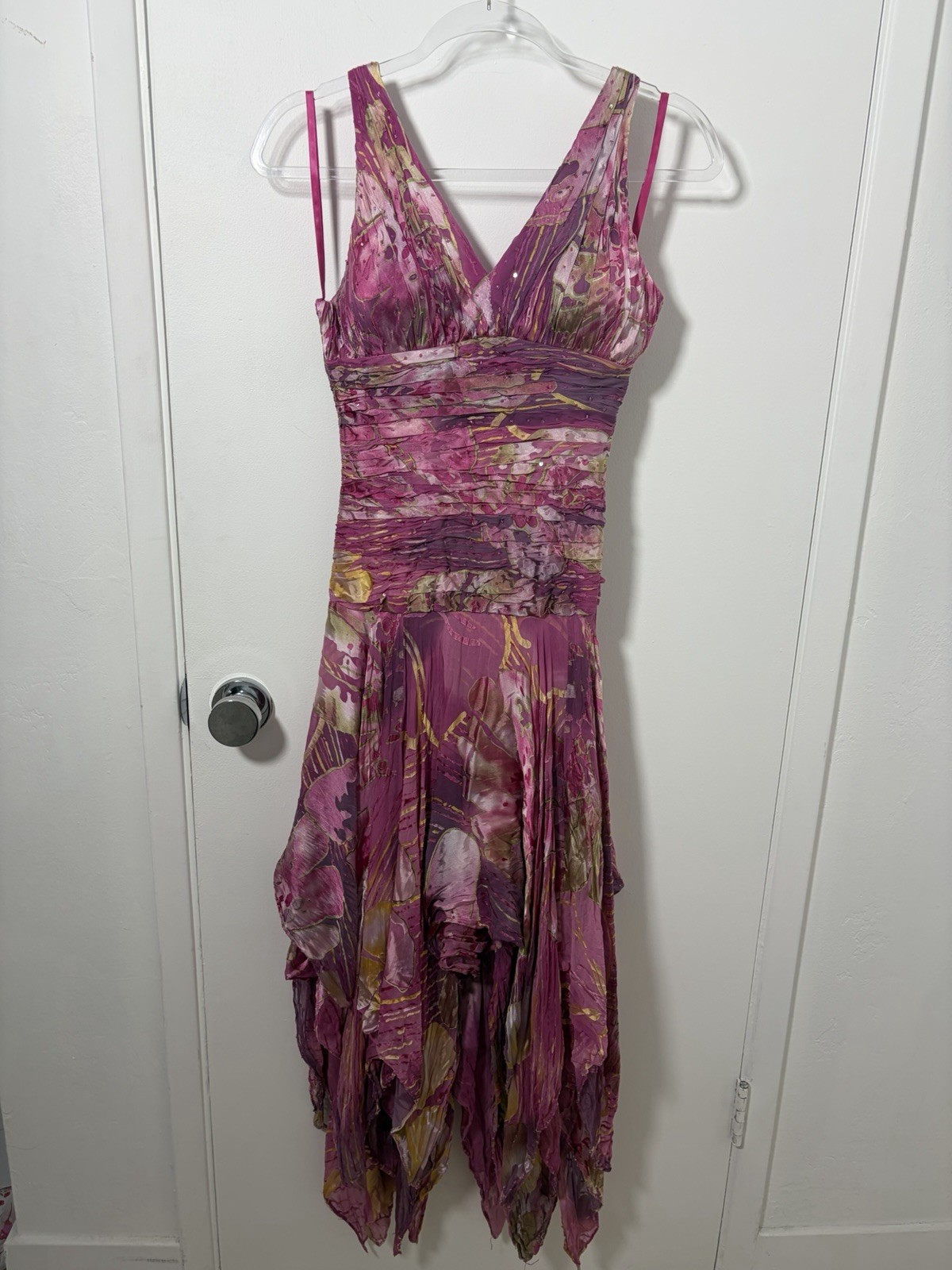 Olle USA Abstract Sequin Ruched V-Neck Midi Strappy Handkerchief Hem Y2K Fairy
