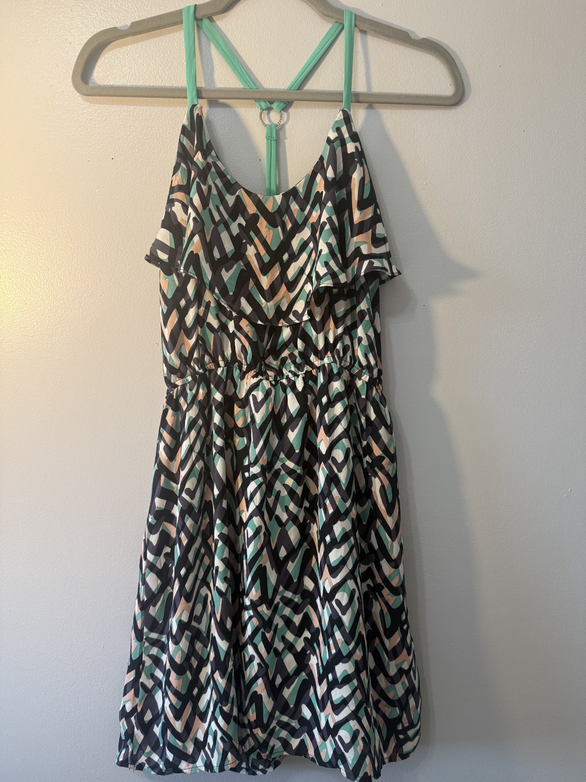 Charlotte Russe M Printed Cold Shoulder Dress Teal Black Ruffle Elastic Waist