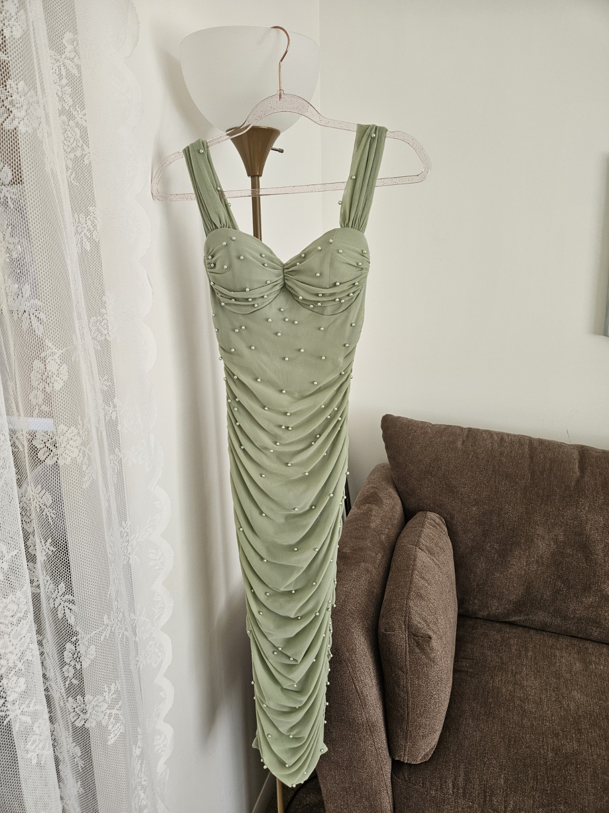 Windsor Not Your Average Pearl Mesh Midi Dress Sage Green Size M