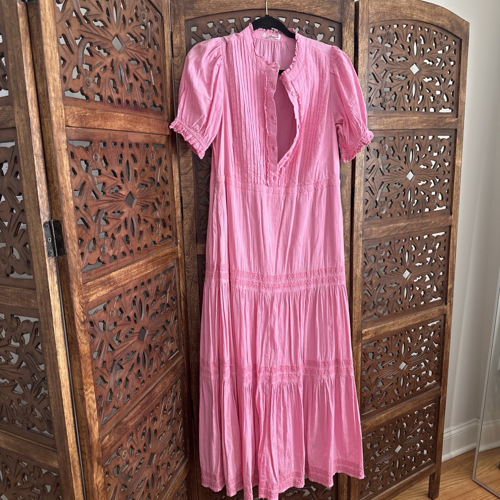 Pink Cotton Maxi Dress Puff Sleeves Ruffle Pleated Button High Neck Women