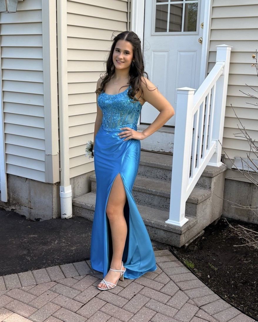 Blue Satin Long Gown Dress 4 Scoop Neck Spaghetti Strap Beaded Sequin Slit