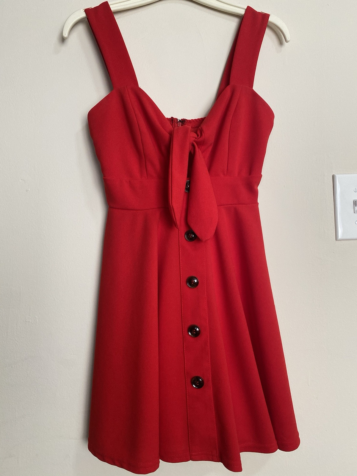 Red Mini Fit Flare Dress Women’s S Button Detail Tie Front Skater Sweetheart