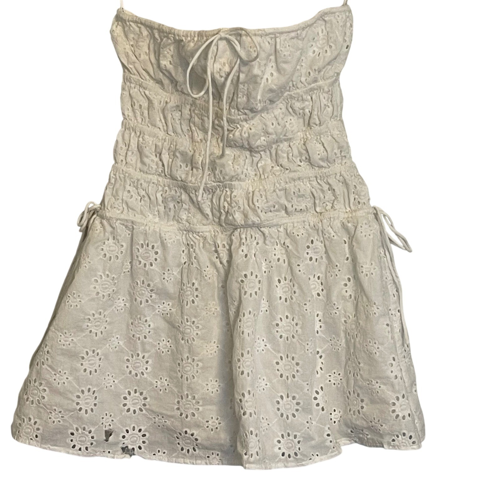 Sabo Skirt Womens White Eyelet Smocked Mini Dress Strapless Cotton Size L 8