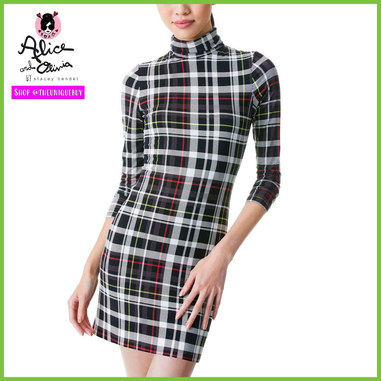Alice + Olivia Delora Plaid Black White Red Green Multi Fitted Mini Dress 8