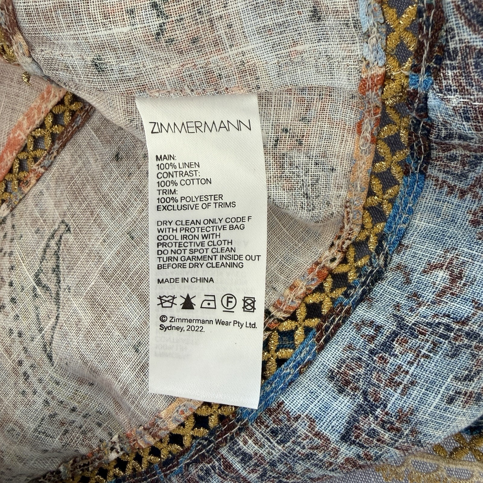 Zimmermann Devi Spliced Mini Dress Size 1/AU 10/US 8 Gold Trim Paisley Rare EUC
