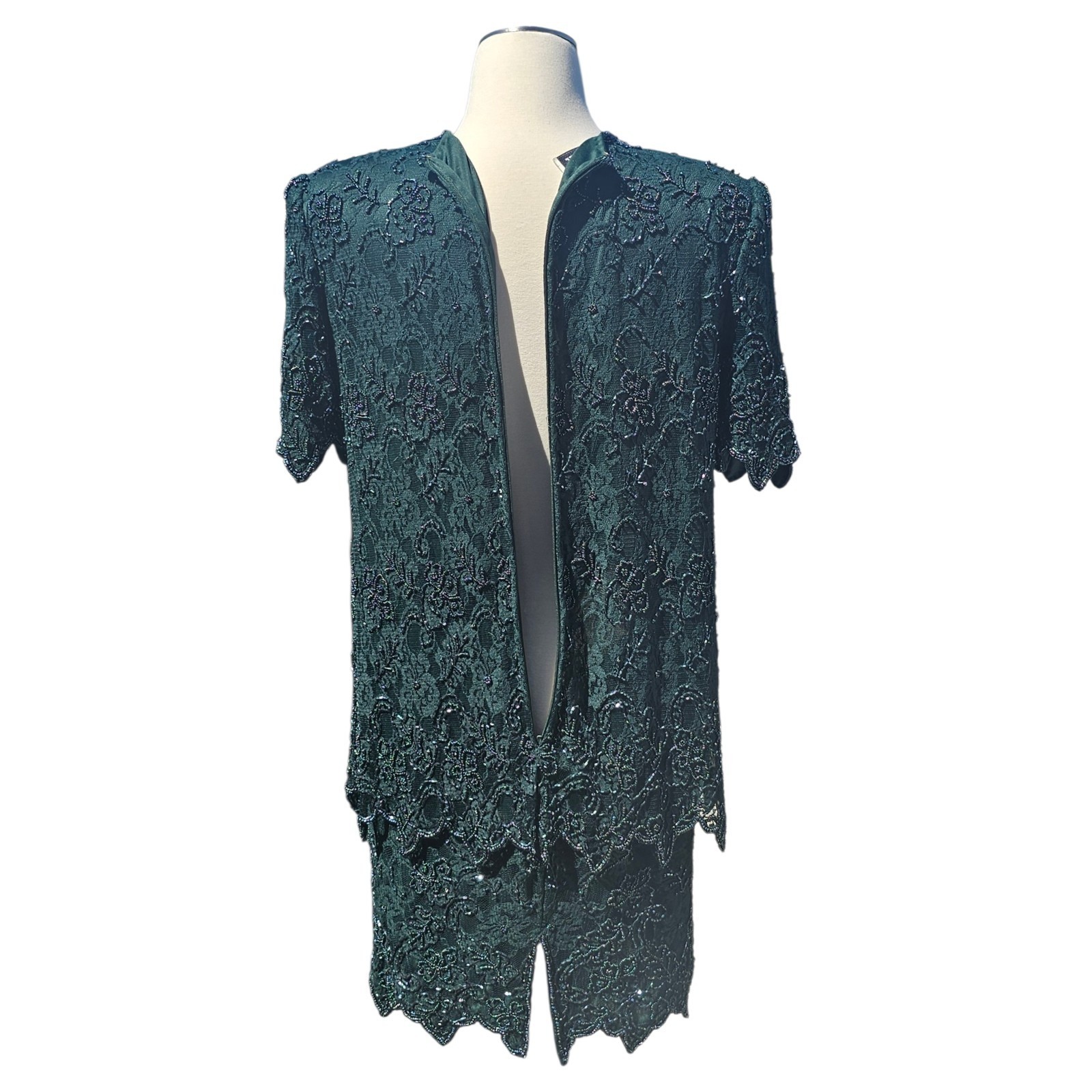 Vintage Brilliante By J.A. 80’s Glam Sequin Lace Green Beaded Dress Sz LP