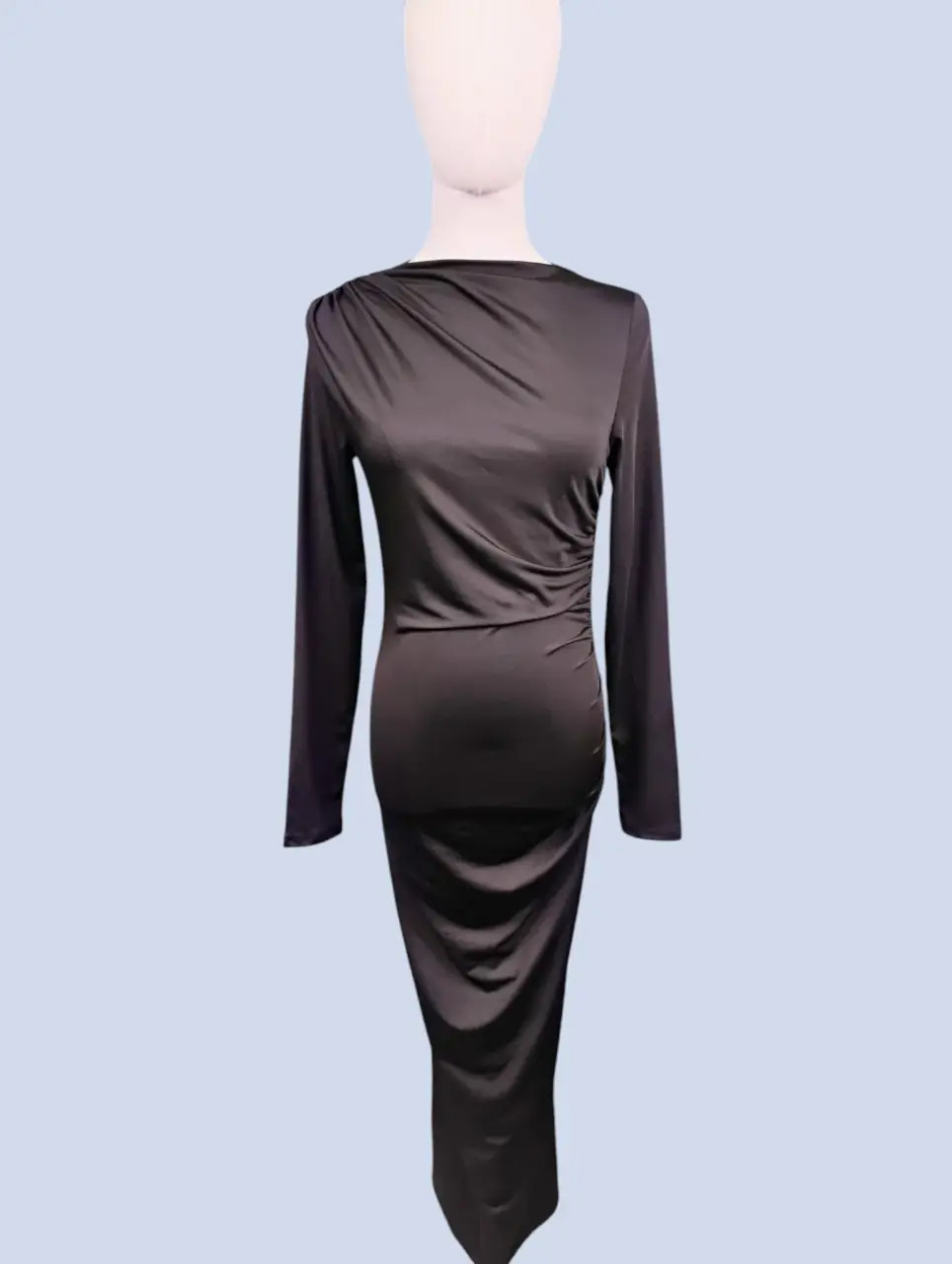 Black Ruched Draped Long Sleeve Midi Dress Elegant