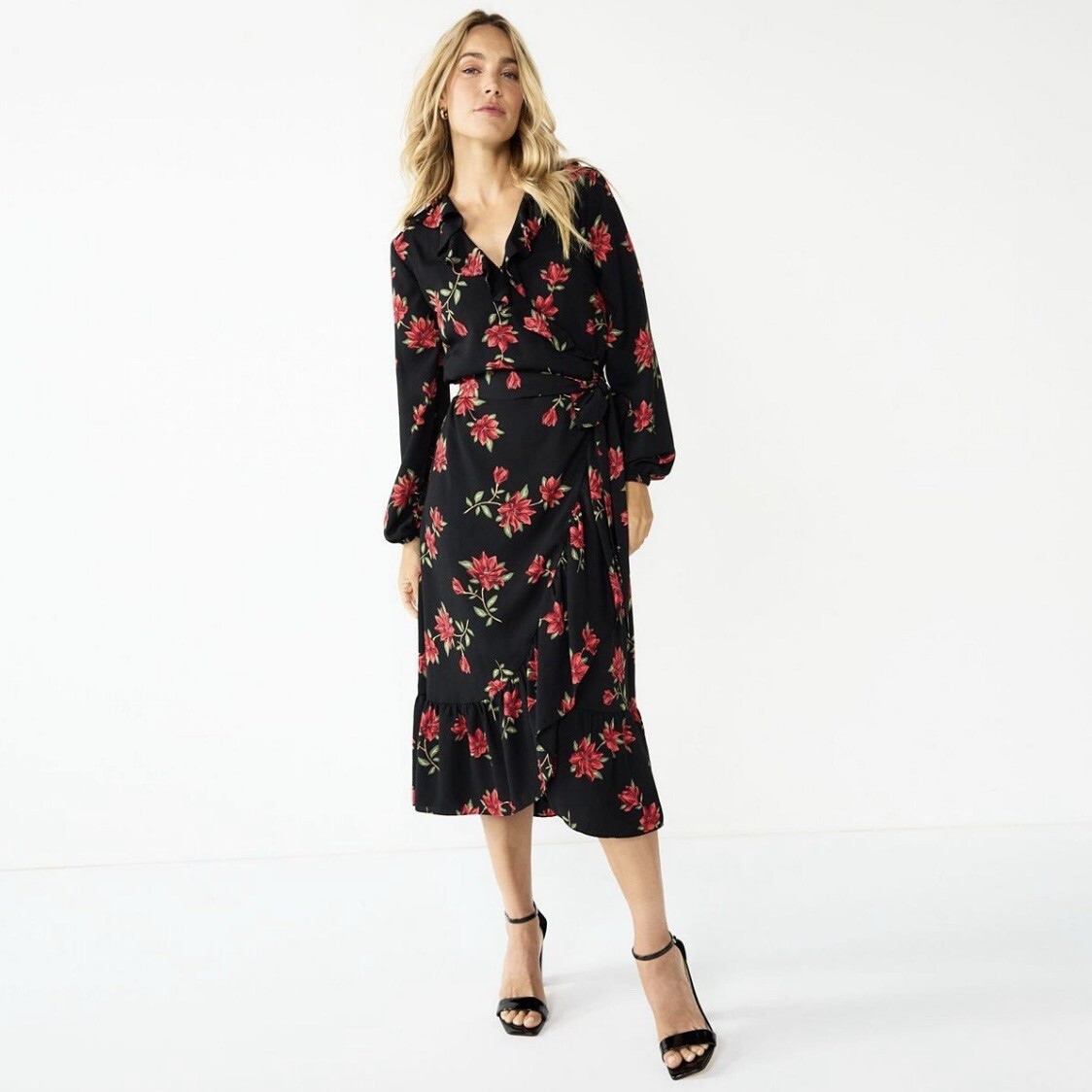 Draper James Women’s 2X Black Multicolor Floral Flounce Ruffle Midi Dress NWT