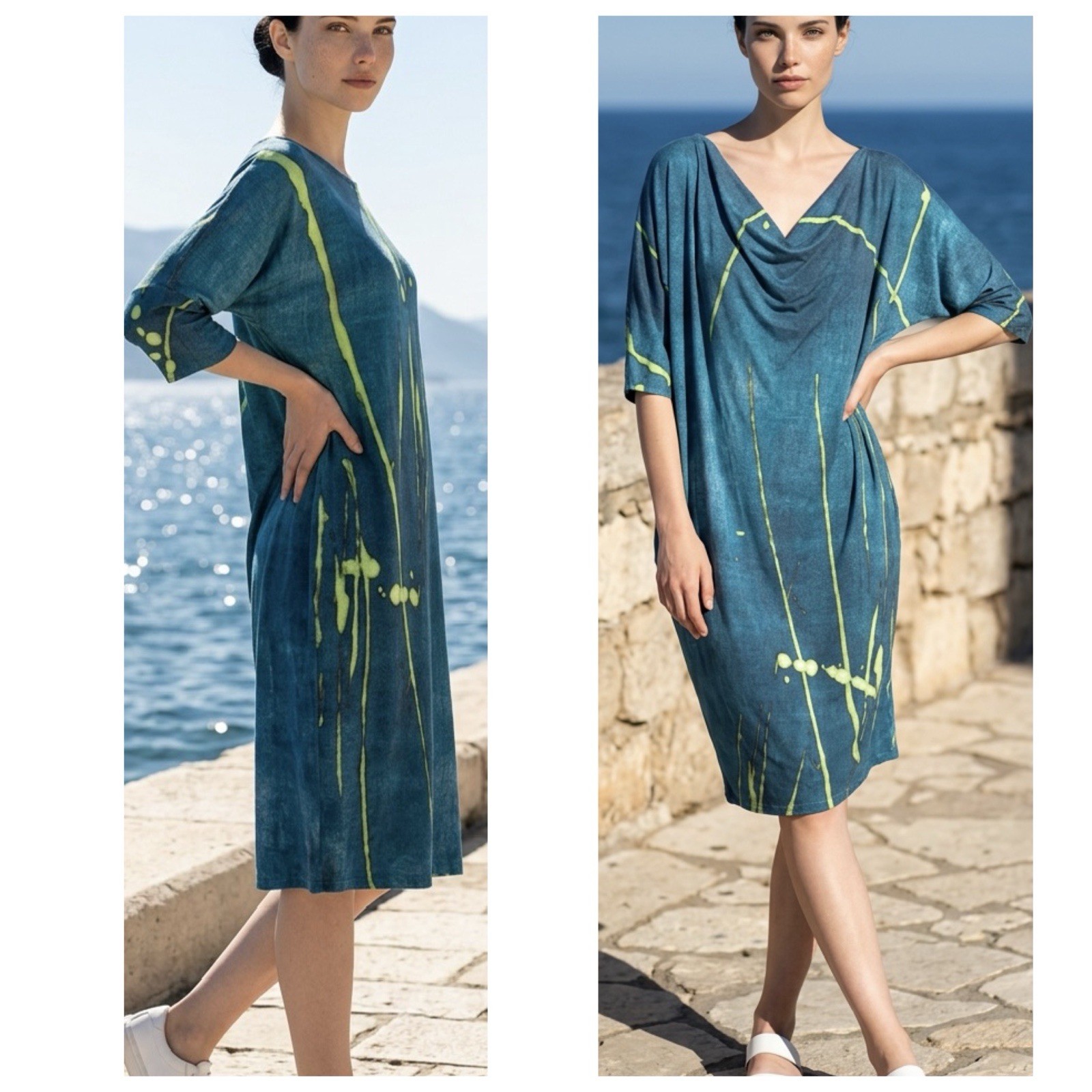 Ozai N Ku Women’s Sz M Kahuna Draped drop sleeve Abstract Dress Pockets Greece