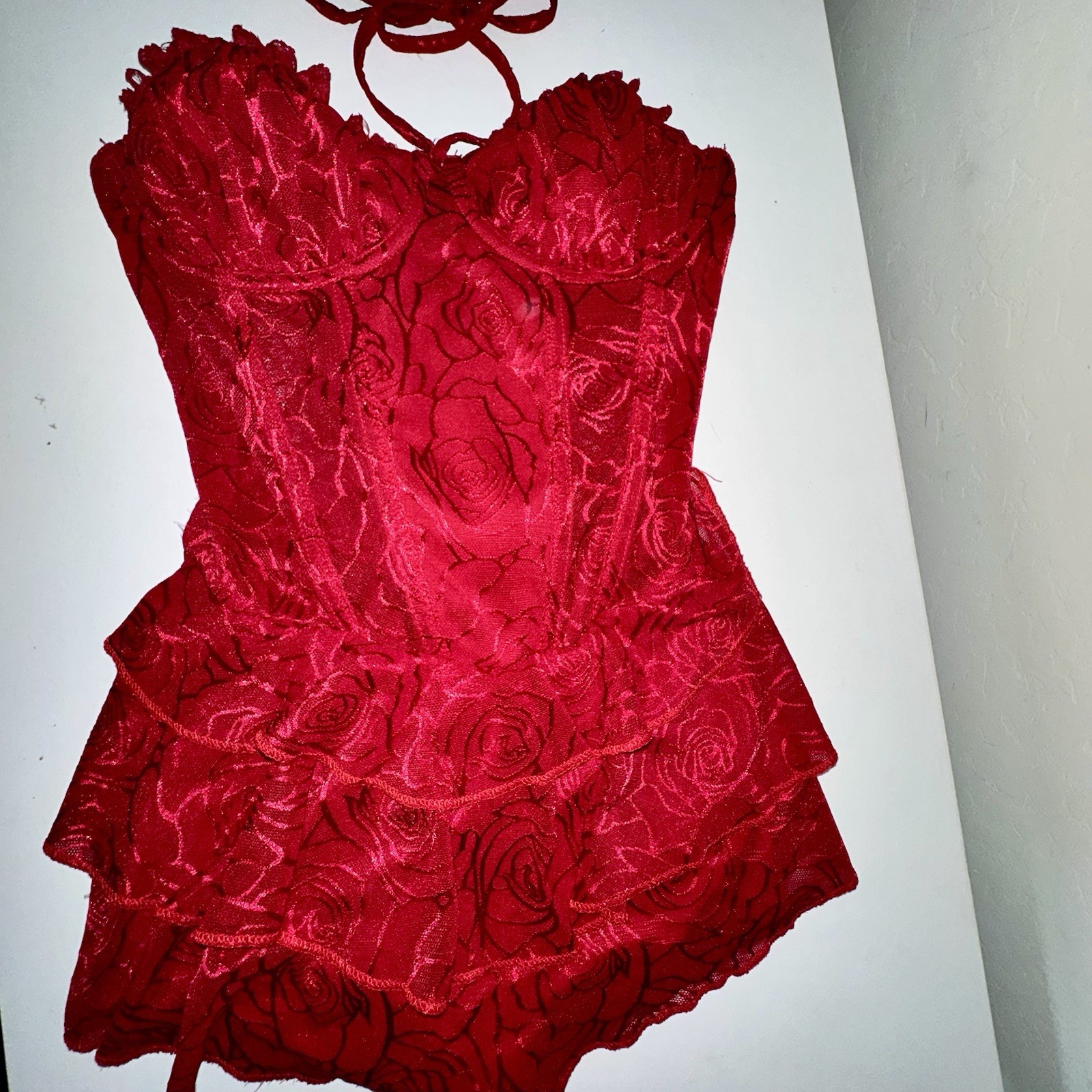 Red Lace Overlay Corset Top Mini Dress/Teddy Size S Attached Shorts