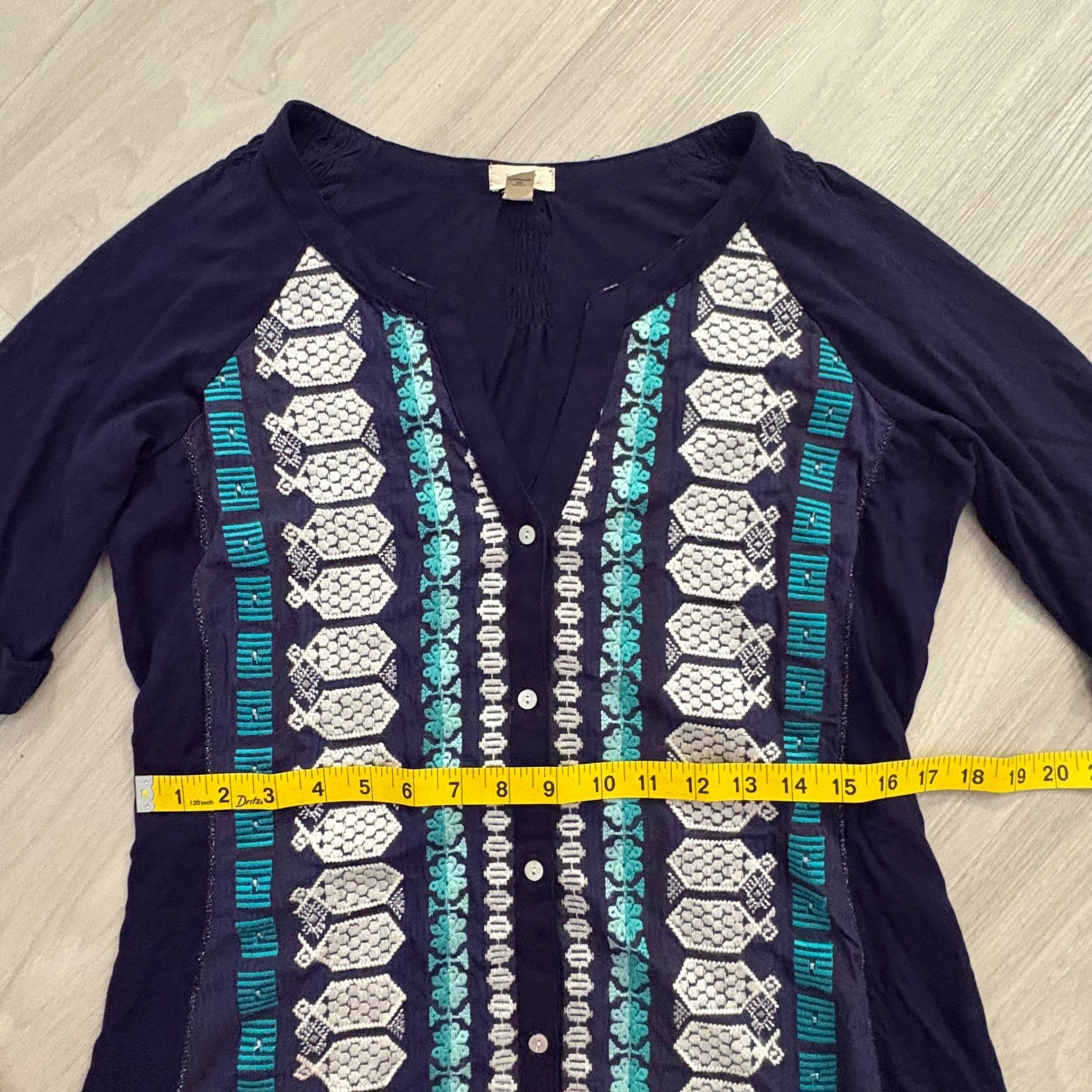 TINY Dress Women Anthropologie Navy Blue Embroidered Boho Shift Short Sleeve L