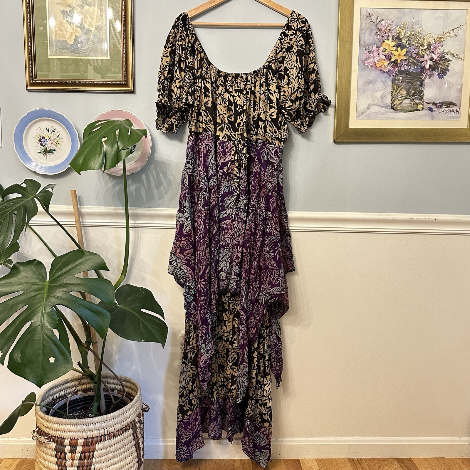 LotusTraders Batik Maxi Dress OS Witchy Festival Boho Asymmetrical Ren Faire