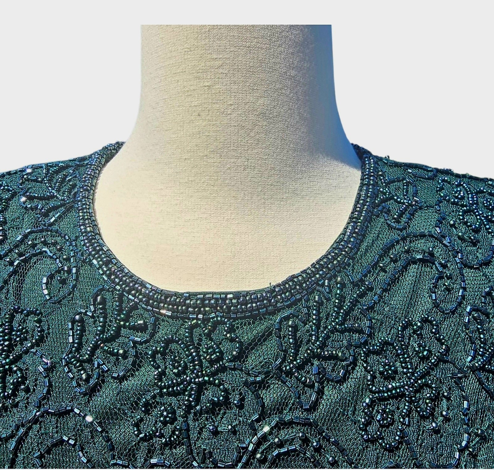 Vintage Brilliante By J.A. 80’s Glam Sequin Lace Green Beaded Dress Sz LP