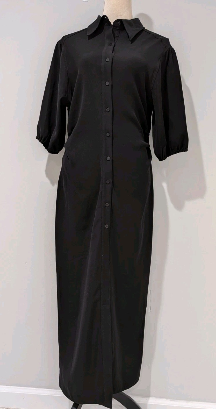 ZARA Black Midi Dress L Puff Balloon Sleeve Button Up Gathered Waist Modest Chic