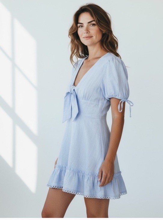 Lost & Wander Dress Women S Blue Ruffle Cocquette Tie Front New Midi