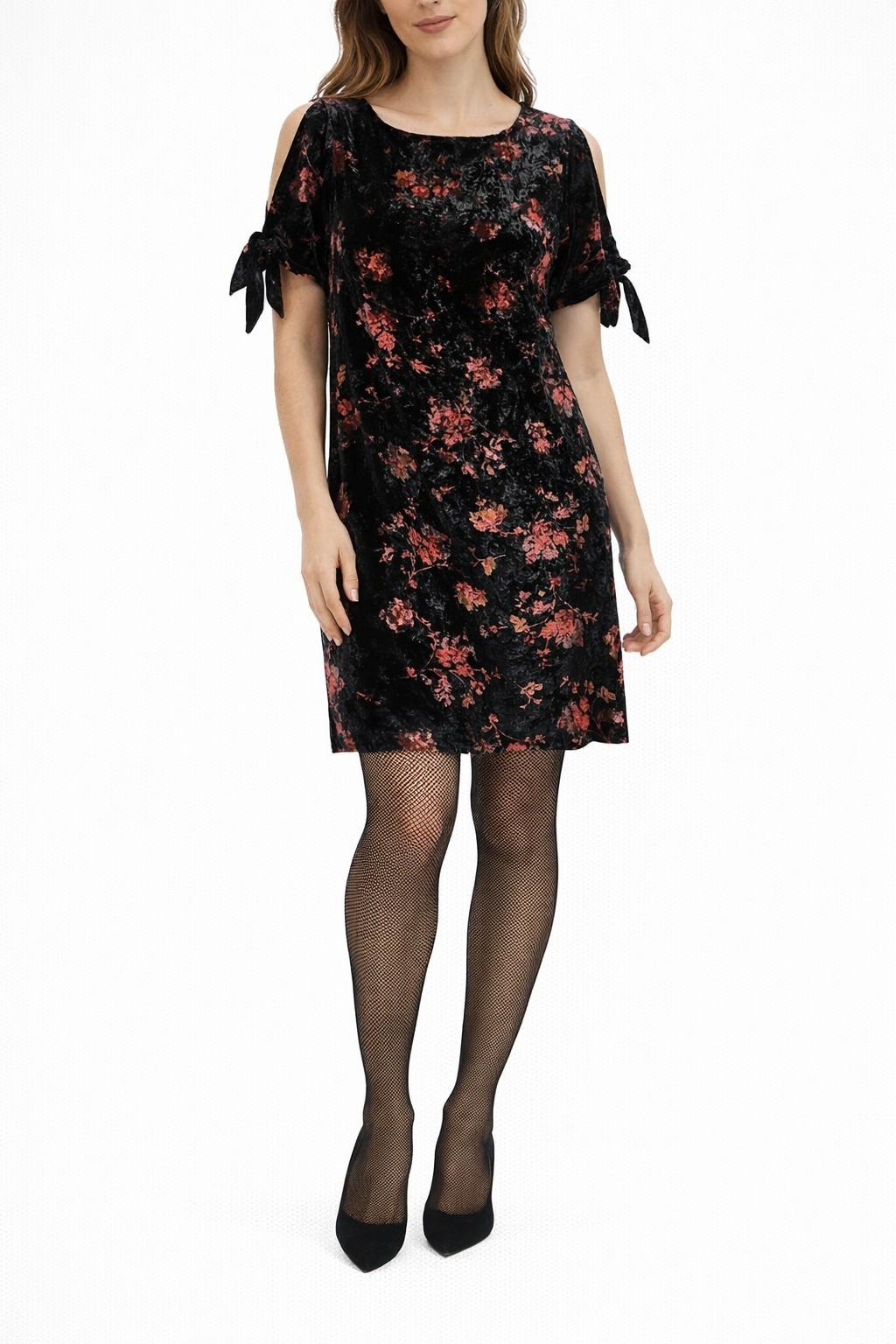 LOFT Dress Women’s S Black Red Crushed Velvet Floral Cold Shoulder Shift Winter
