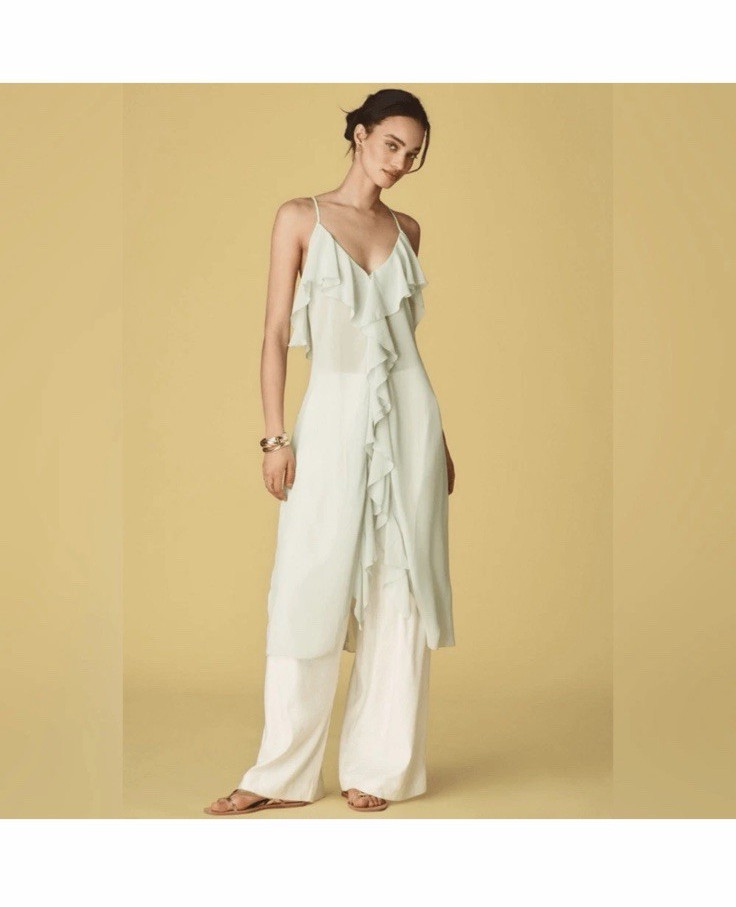 Anthropologie Green Chiffon Ruffle V-Neck Spaghetti Strap Maxi Halter Top Sz M