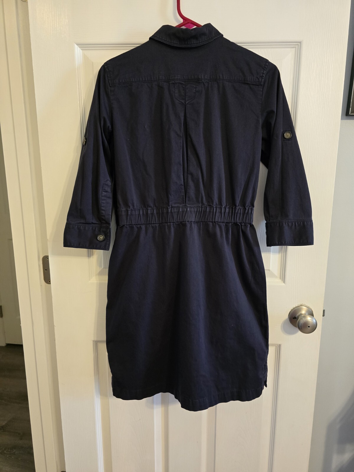 LOFT Navy Button Down Utility Dress XS Pockets & Rollable Sleeves Distressed
