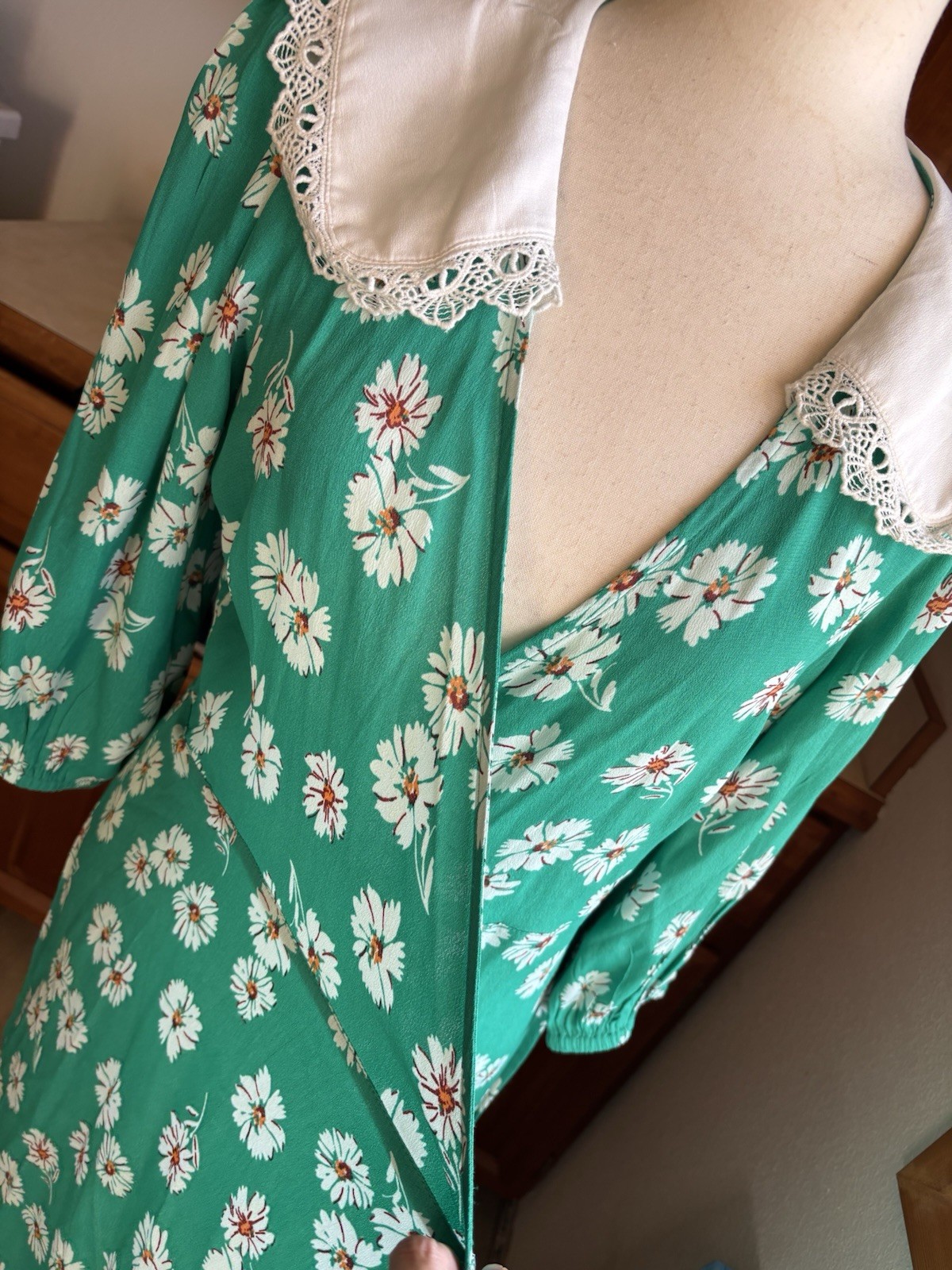 Miss Selfridge Size 8 Collared Green Floral Wrap Dress 70s Preppy New