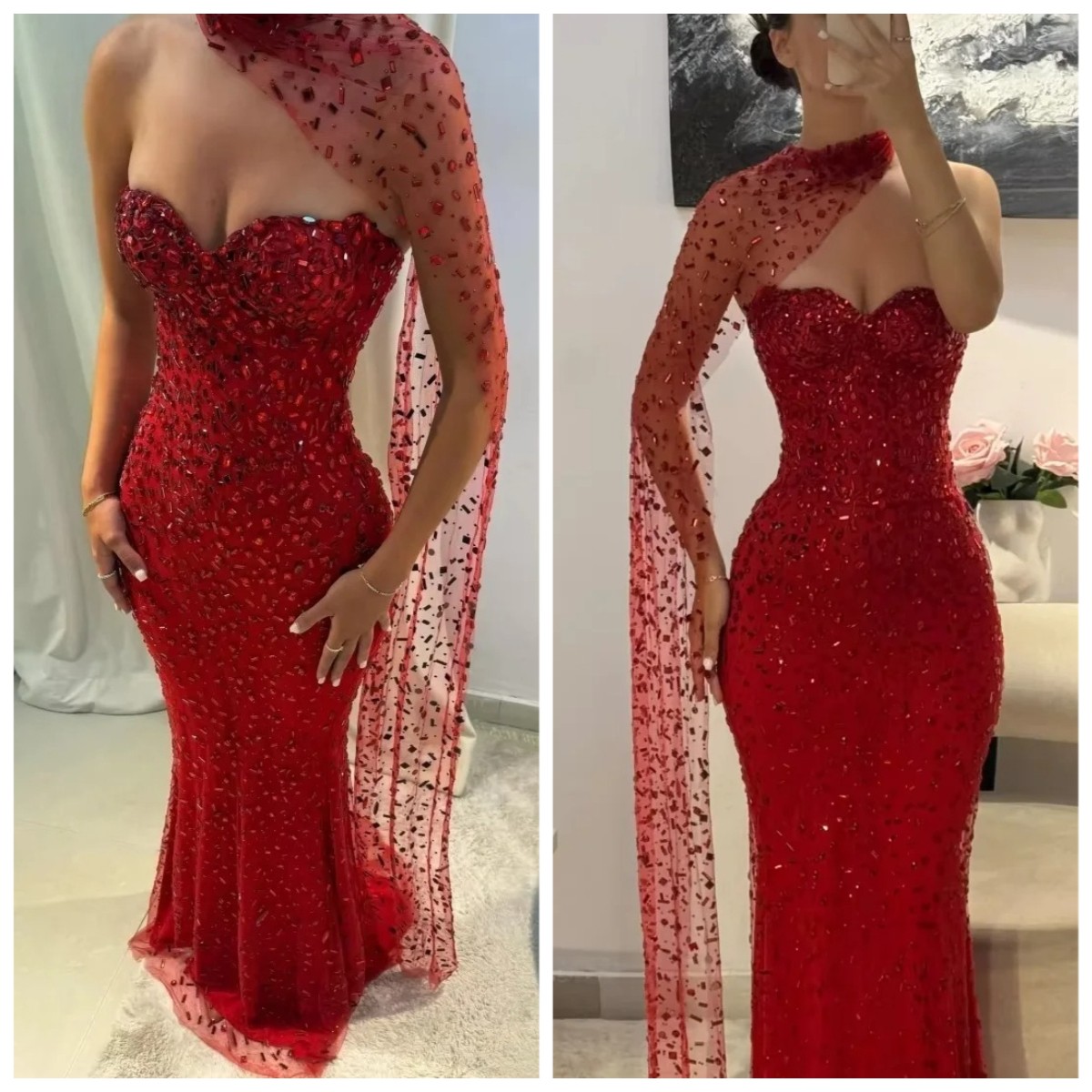 Luxurious Off Shoulder Layered Ball Gown Fish Tail Shawl Elegant Evening Dress