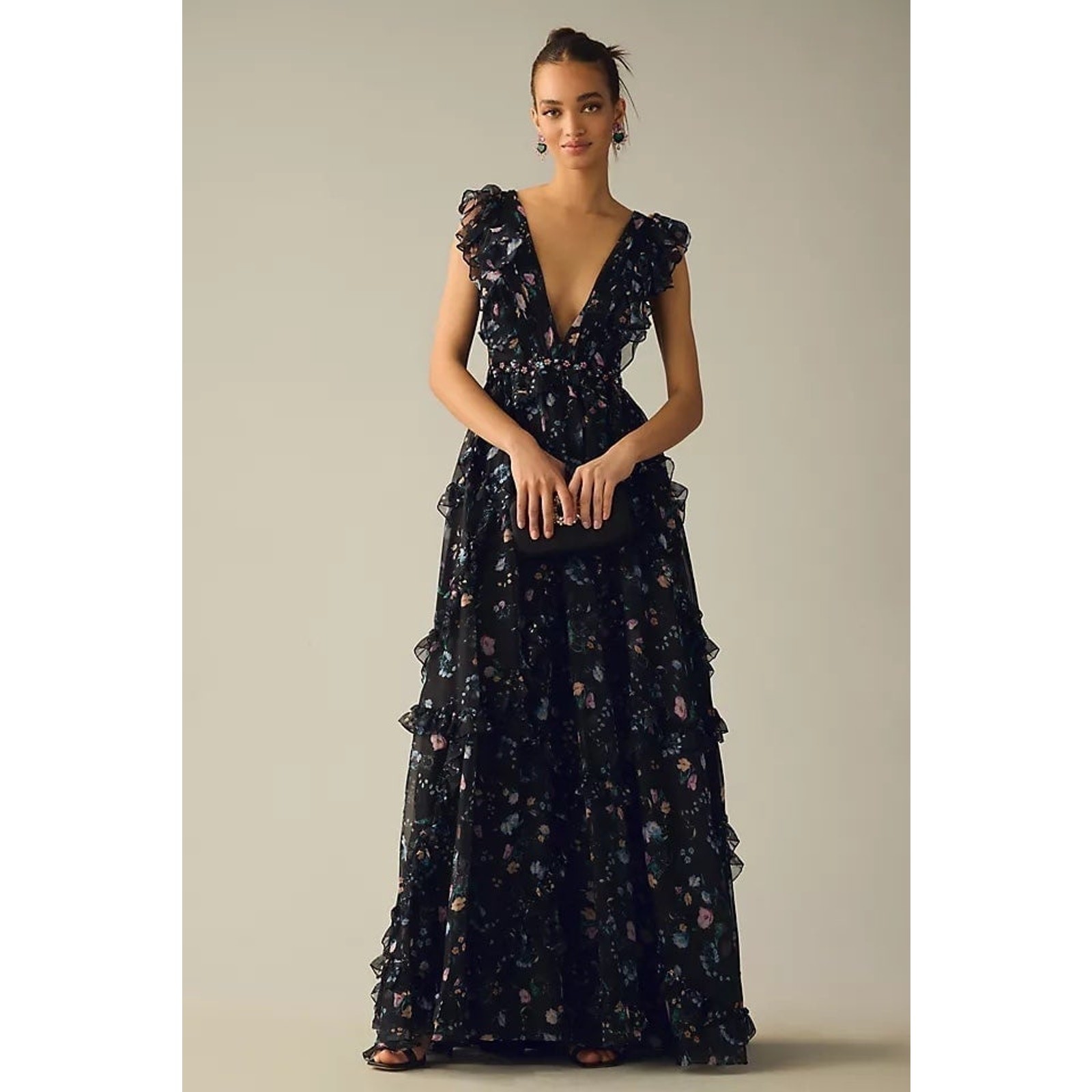 NWT❤️LEENA FOR MAC DUGGAL RUFFLED FLORAL CAP-SLEEVE V-NECK GOWN sz12