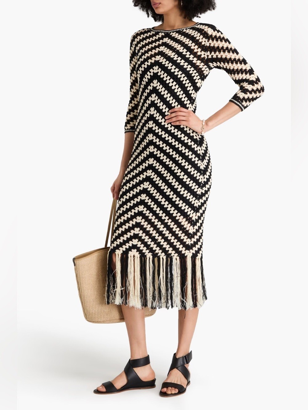NWT Zimmermann Fringed Crocheted Cotton Midi Dress Black Ivory 3/4 Sleeve Size S