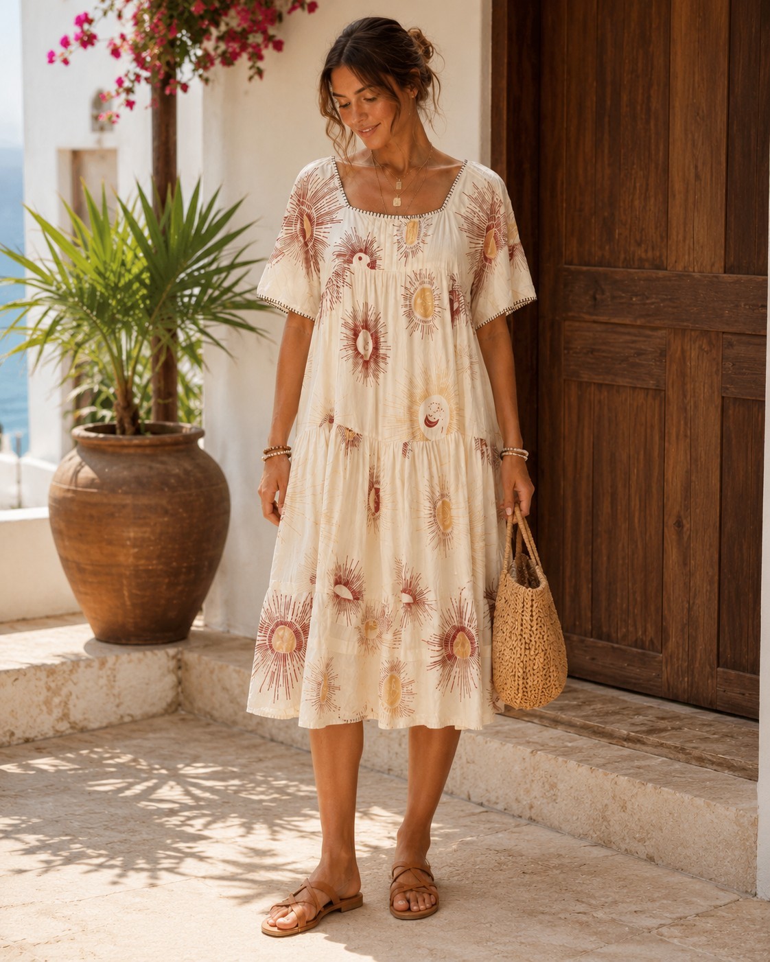 Urban Outfitters Boho Sun Moon Eclipse Dress Tiered Midi Lined Women Sz SM 43″