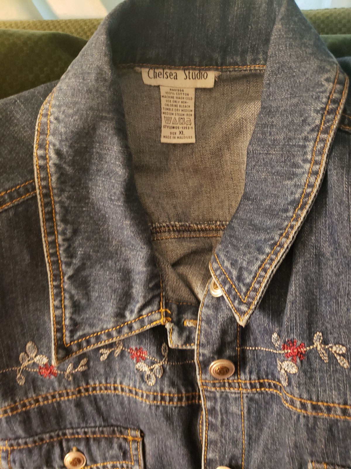 Chelsea Studio Blue Denim Coat Dress Embroidered Button Front Pockets XL