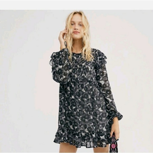 Free people Black White floral Mini Tunic Dress Flirty NEW XS Bohemian Fall HOT