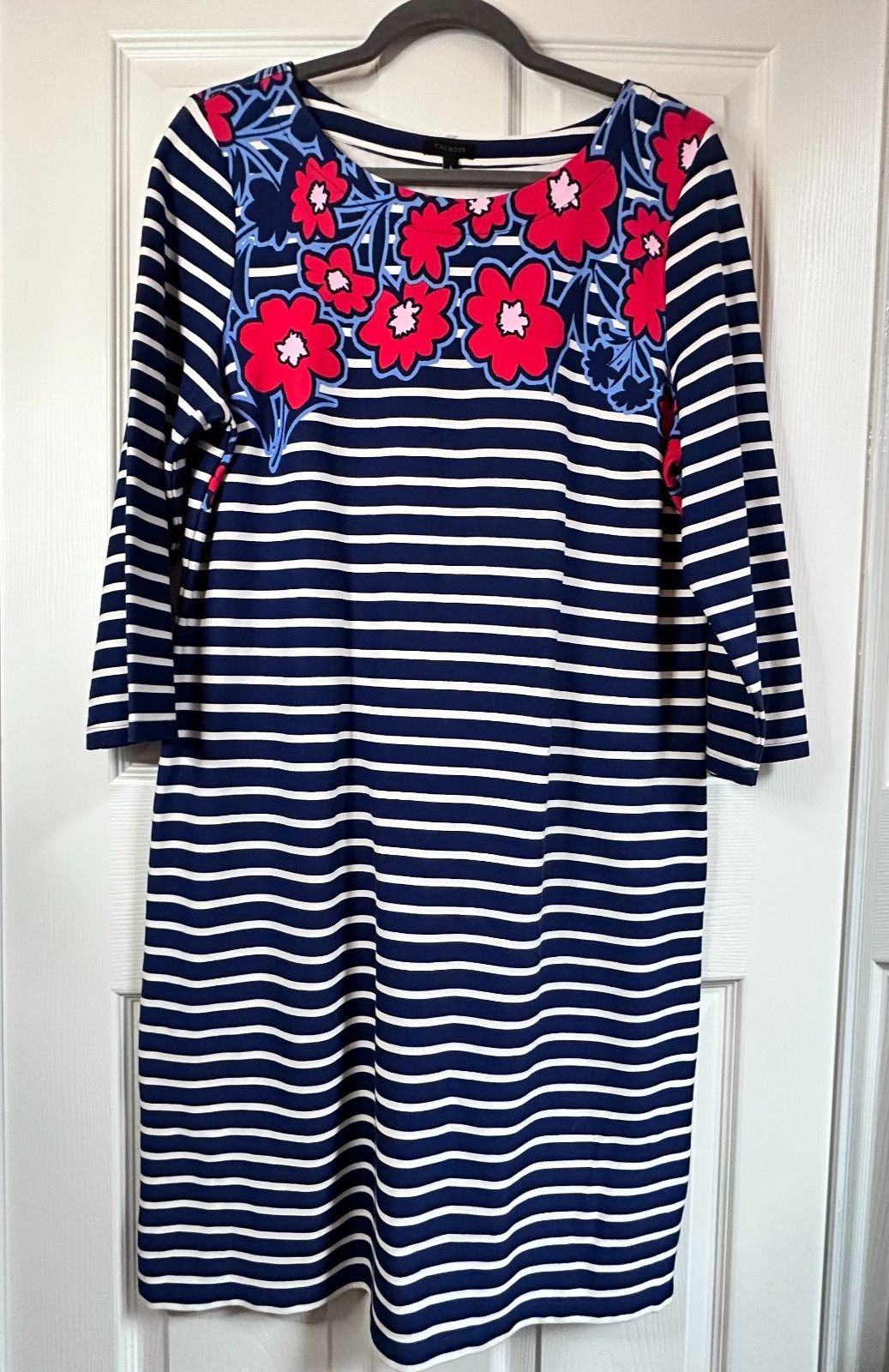 Talbots Large Navy & White Stripe Red Floral Midi Shift Dress Nautical Patriotic