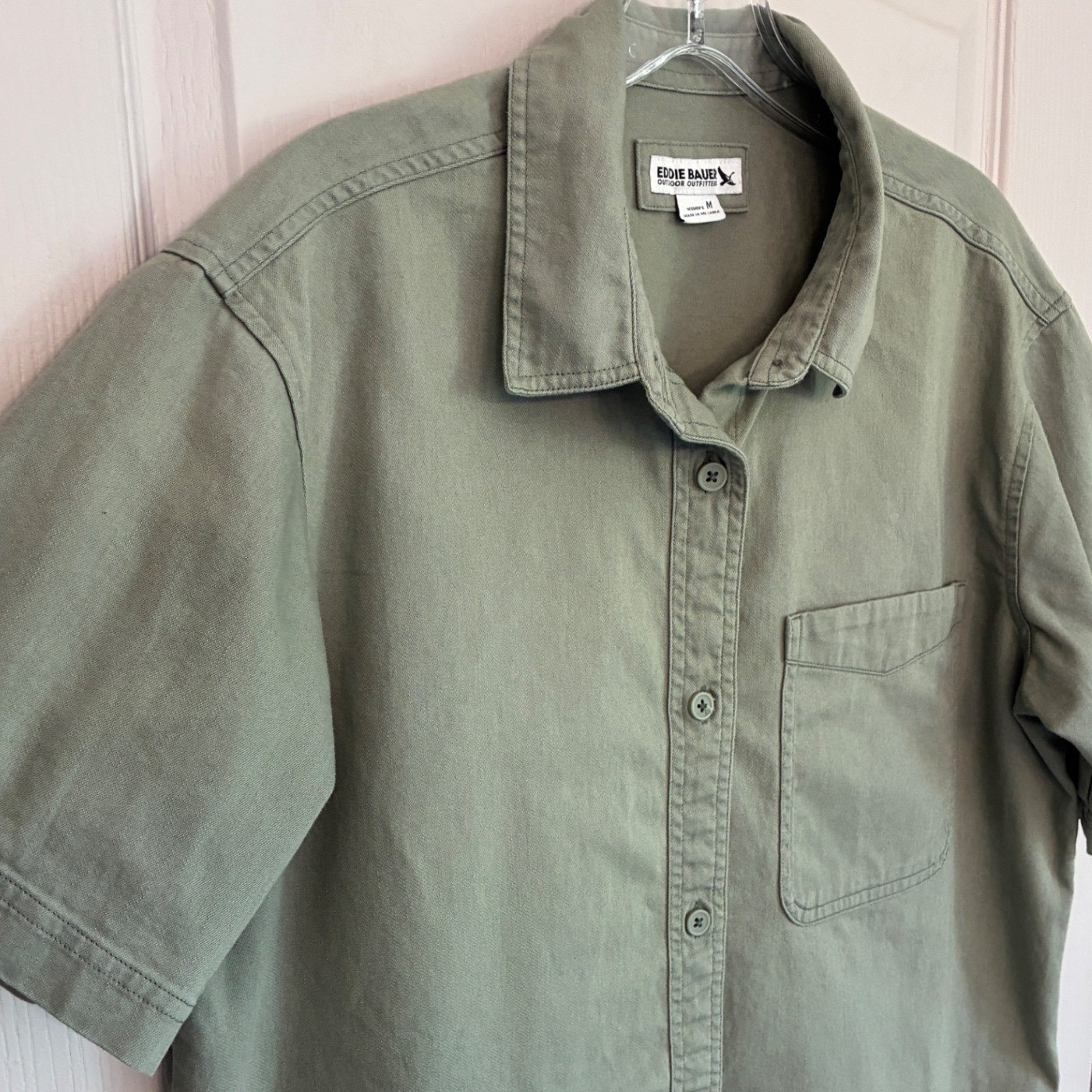 Eddie Bauer Womens Olive Green Cotton Utility Short Sleeve Shirt Dress Medium