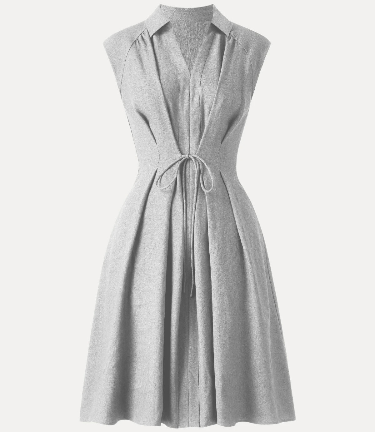 OGLmove Viscose Linen Collared V-Neck Drawstring Midi Dress, Light Grey (NEW)