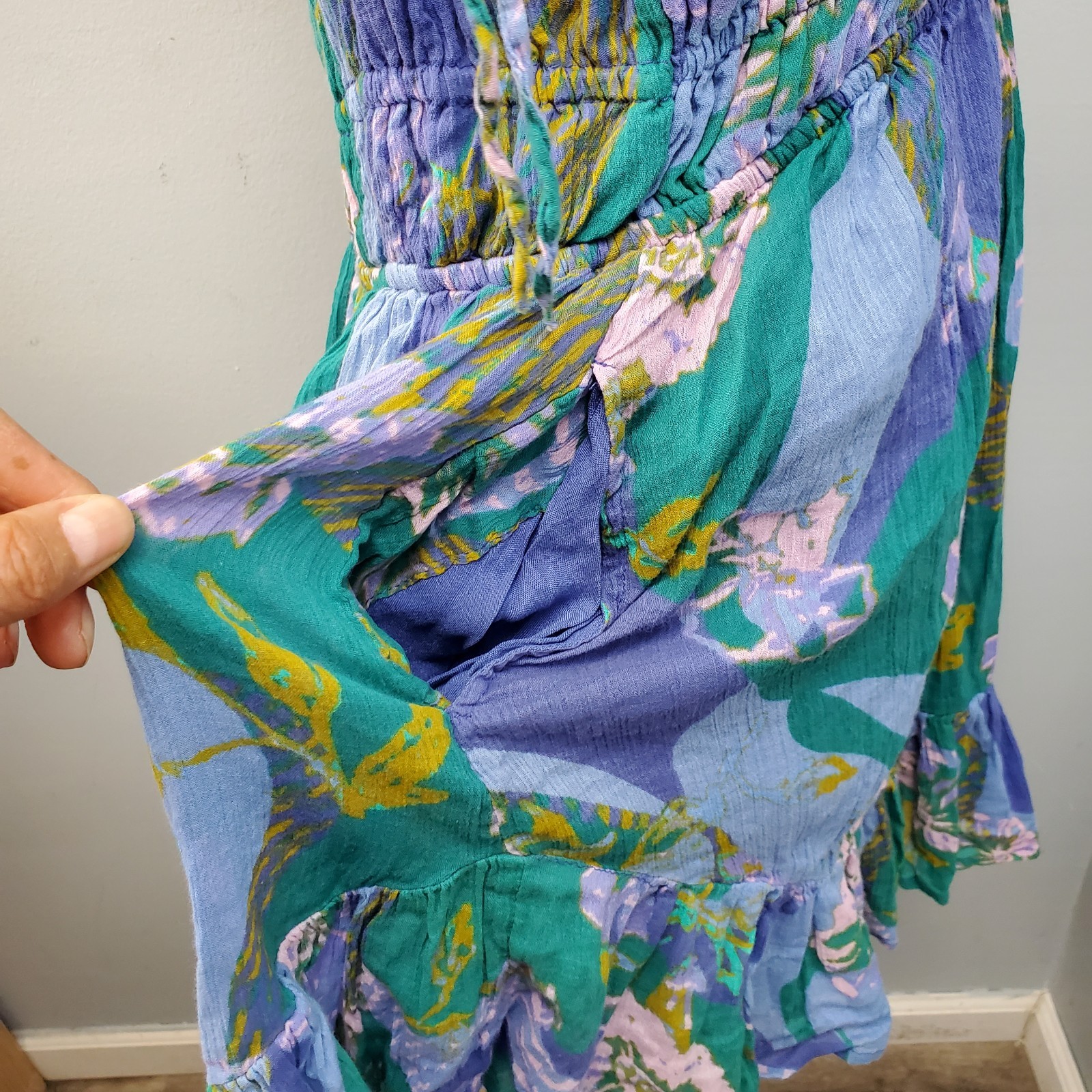 Free People Mini Dress Womens M Multi Floral Tiered Smocked Scoop Neck Backless