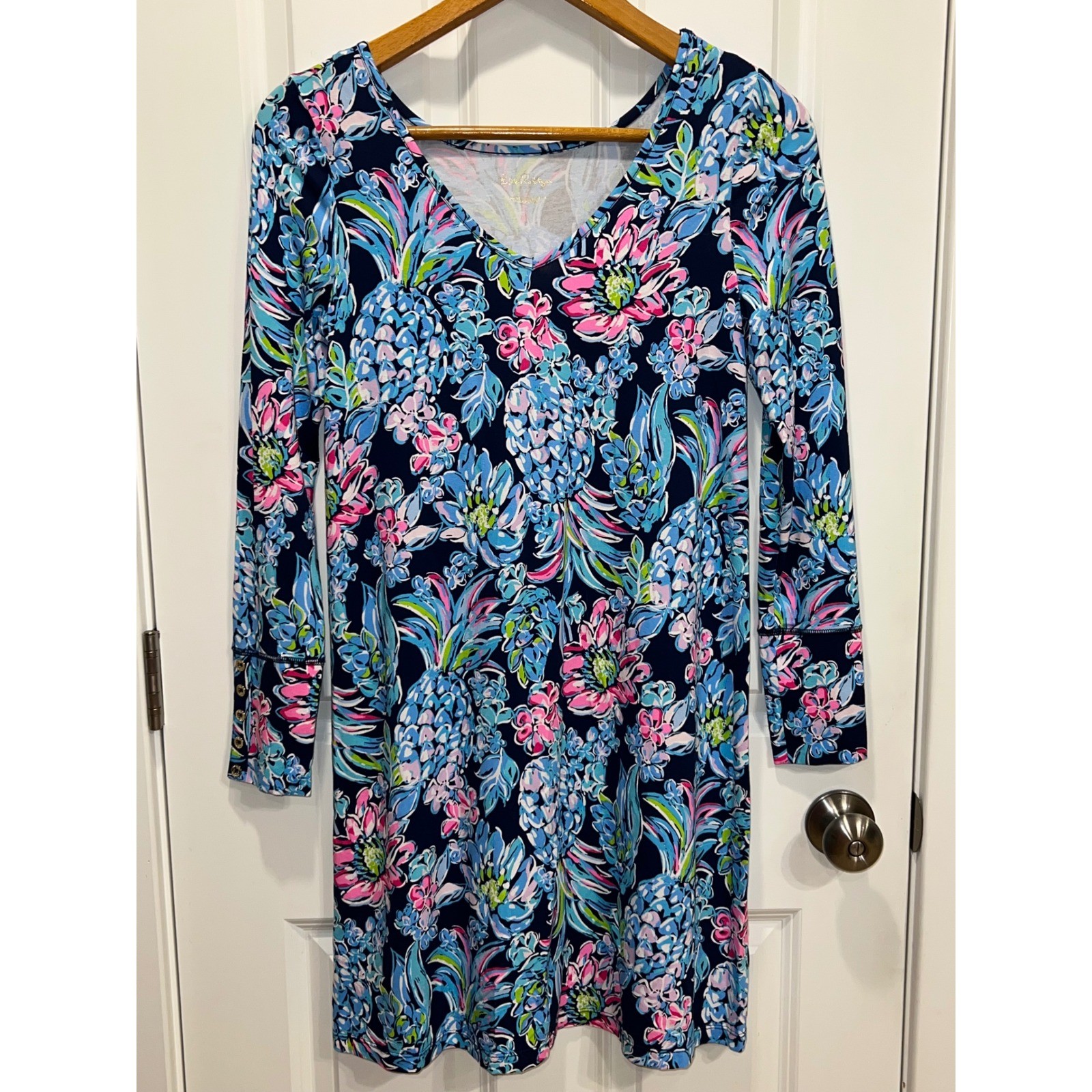 Lilly Pulitzer Floral Long Sleeve Button Cuff Dress Colorful Size S Pineapple