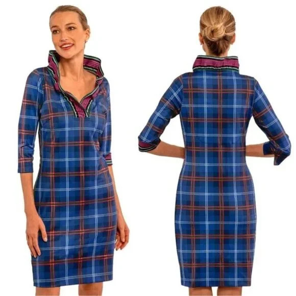 Gretchen Scott womens Blue Middleton Plaid Ruffneck Ruffle Neck Dress size XS