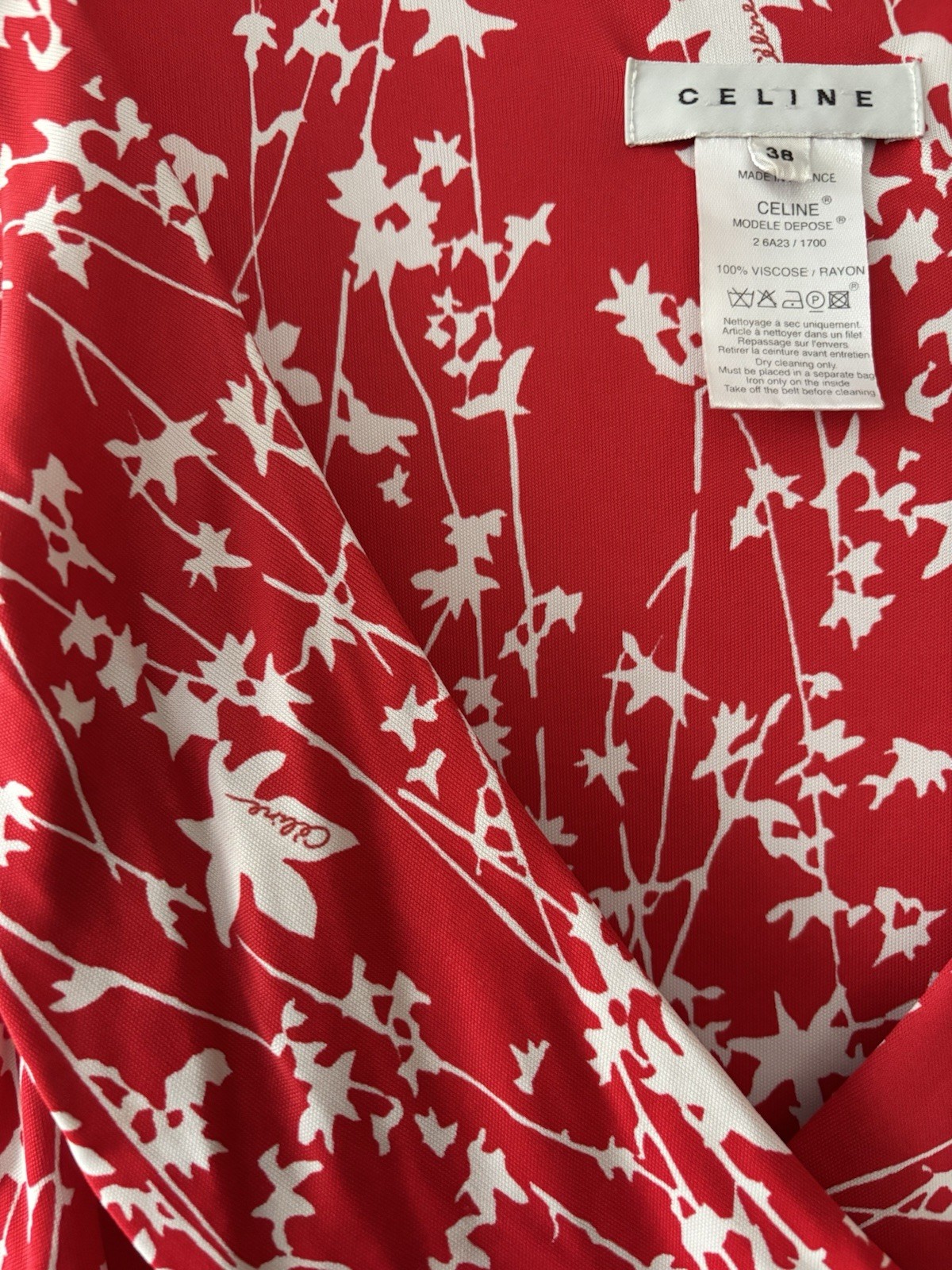 celine dress 38 red white leaf pattern stretchy midi length vintage