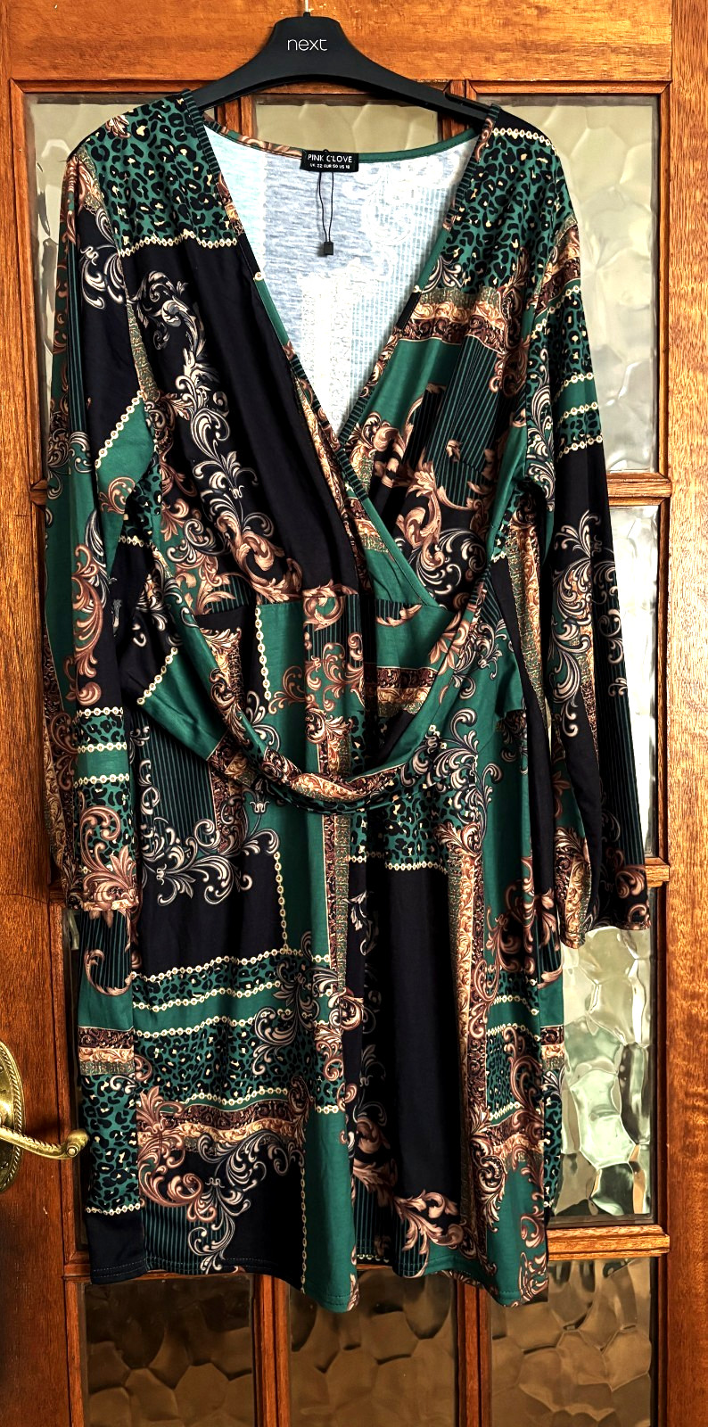 VGC Ladies PINK CLOVE Pine JUNIPER GREEN & ANTIQUE GOLD FILIGREE Print Dress 22