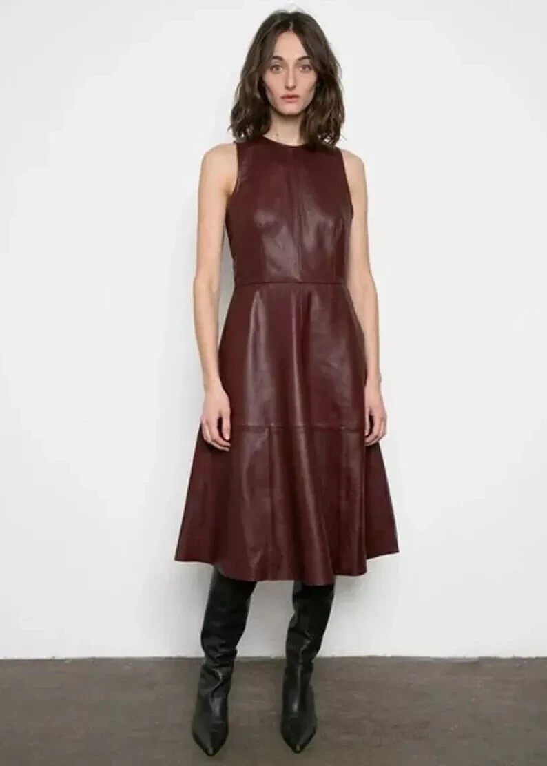 Womens Burgundy Crop Leather Dress. Real Sheepskin Leather Slim Fit Flared Dress