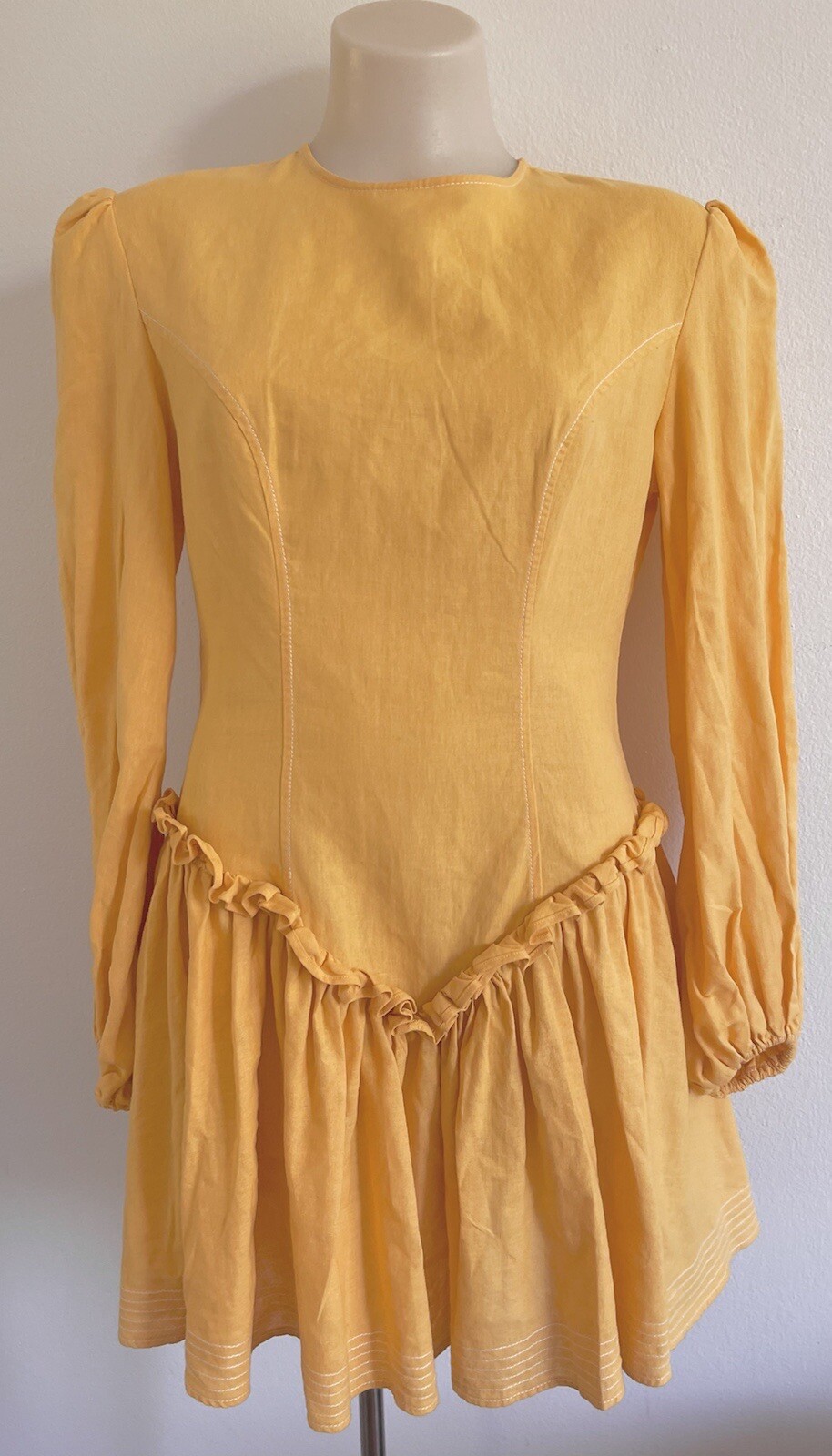 LEO LIN Mini Dress Yellow Pastel Orange Cotton Linen balloon Sleeves SZ AU 10 M