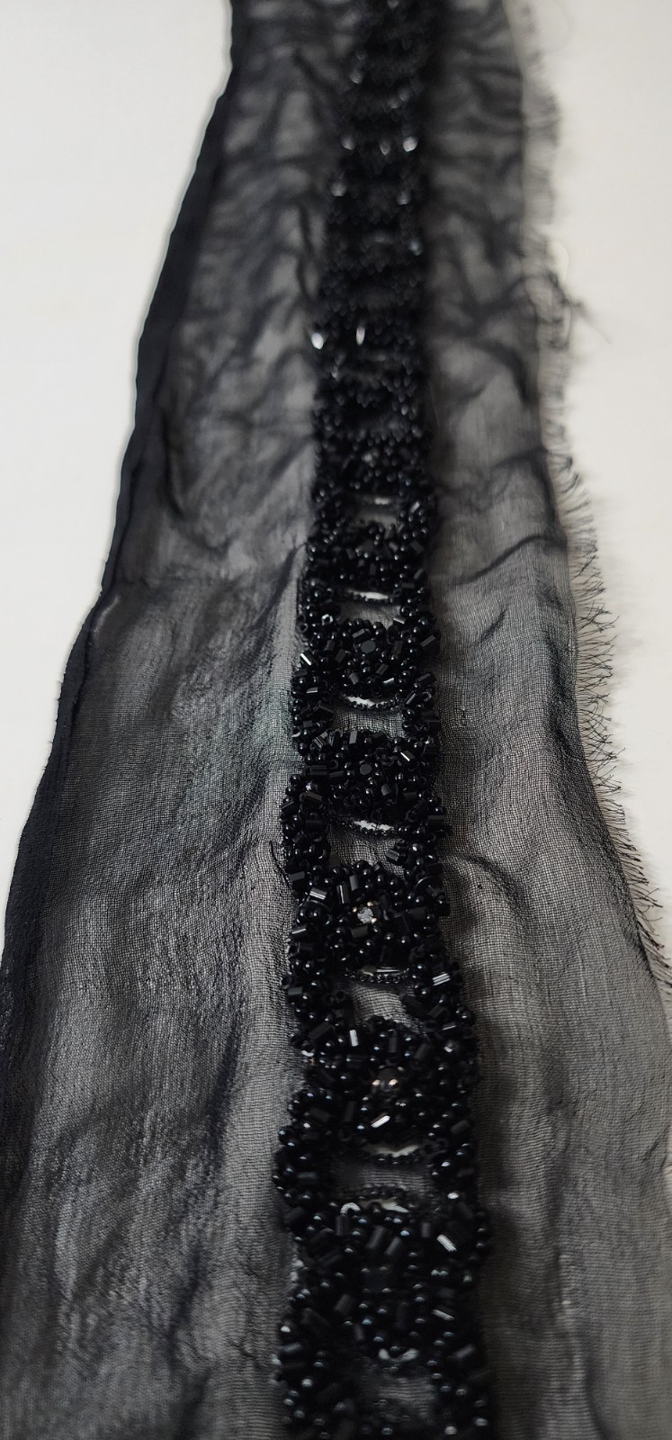 Handmade Custom Designer Black Beaded Lace Trim on Sheer Silk – 33″ Couture
