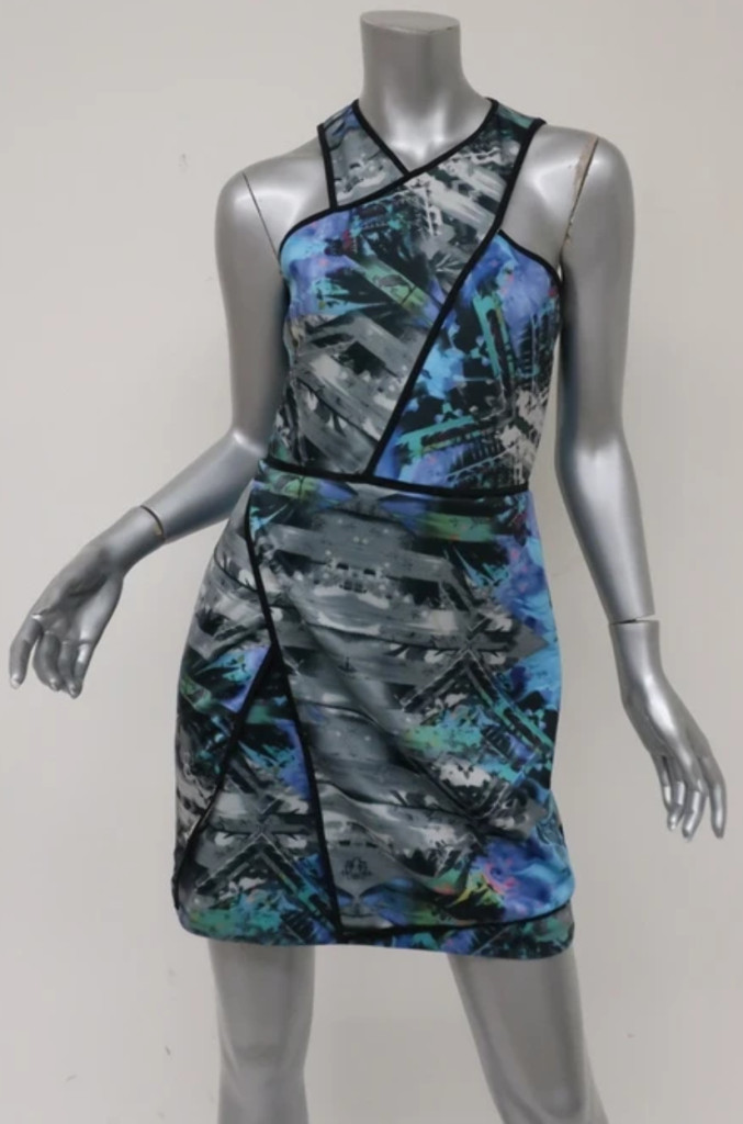 New Parker Blue Multi Tobias Scuba Neoprene Halter Stretch Bodycon Mini Dress M