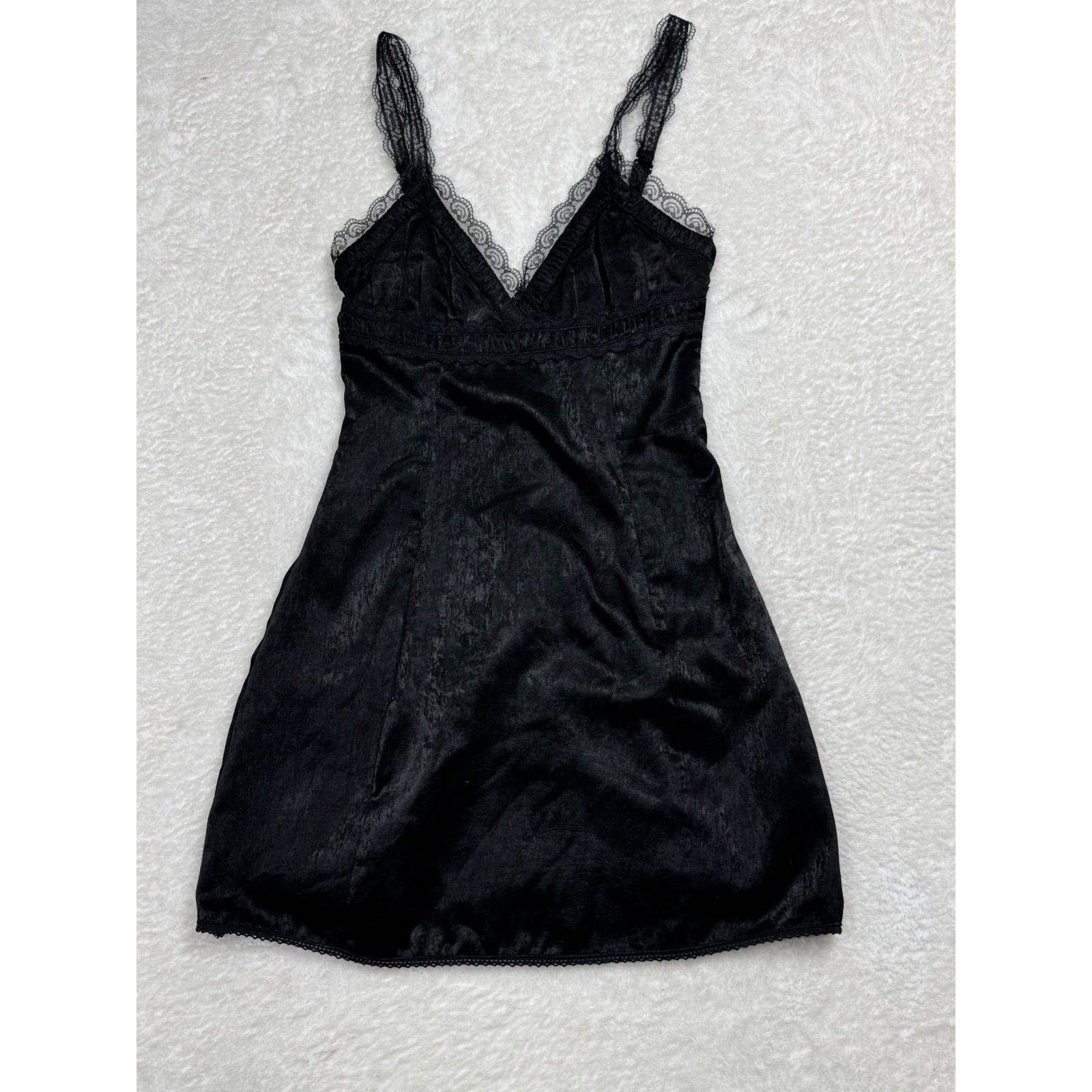 Urban Outfitters Black Satin Lace Trim Slip Dress Mini Lace Up Back XS