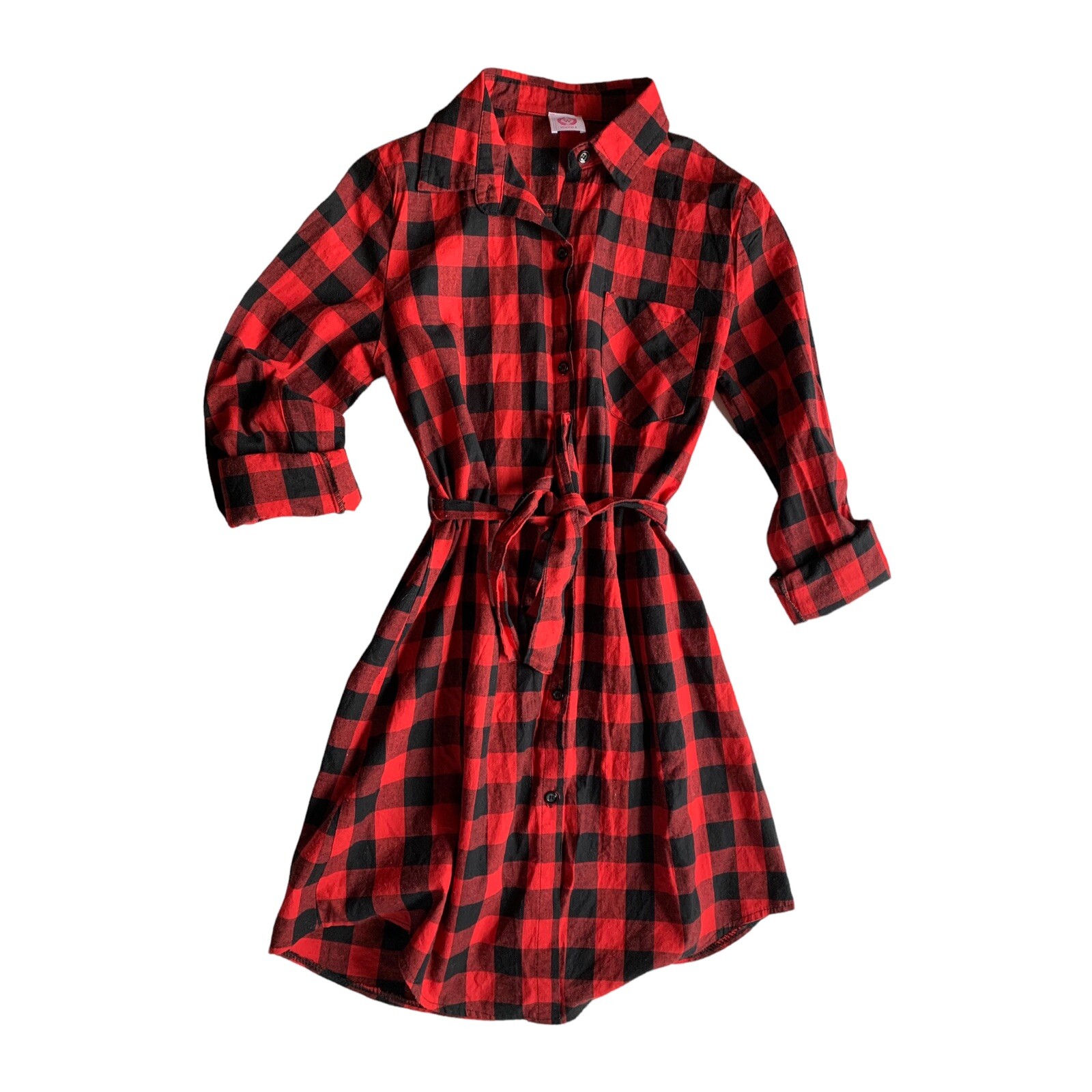 Wanna B Red Buffalo Plaid Button Up Dress with sash Size Small