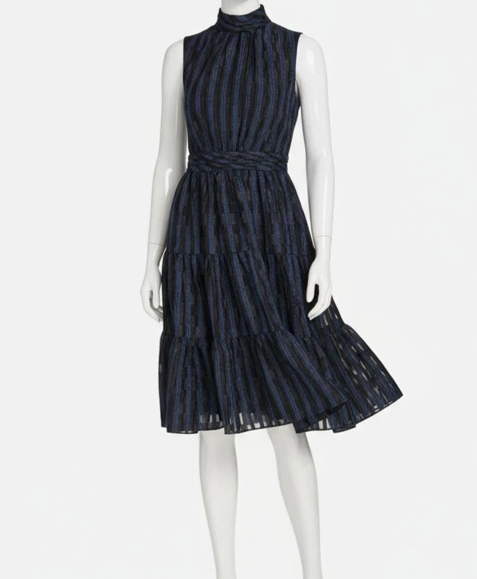 Calvin Klein Women’s Blue Shimmer Mock Neck Sleeveless Tiered Hem Dress Size 10