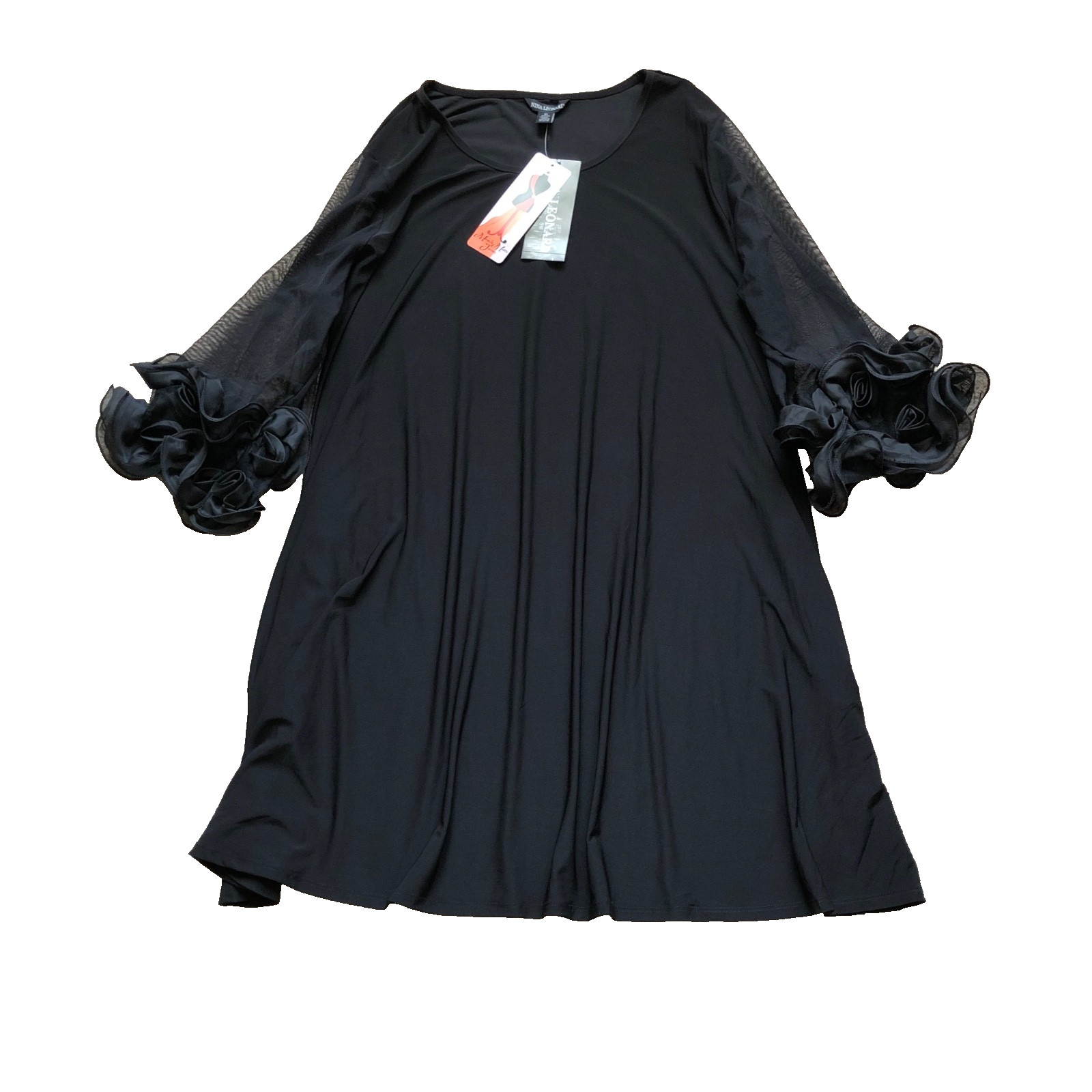 NWT Nina Leonard Black Mesh Sleeve w/Ruffle Cuff Dress Sz 3X Wedding Graduation