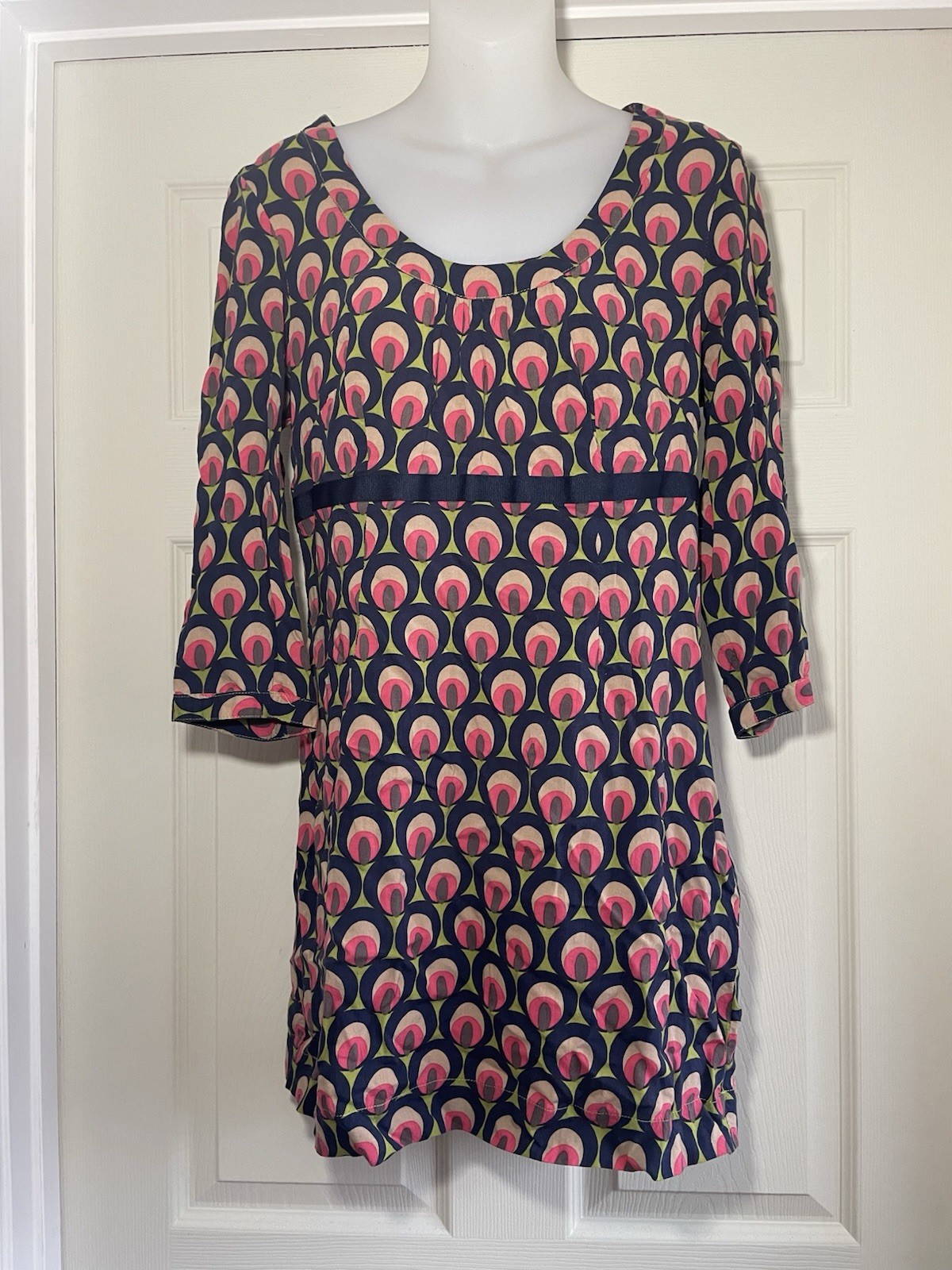 BODEN 8 Dress Peacock Blue Green 3/4 Sleeve Empire Waist V Neck Retro Modern