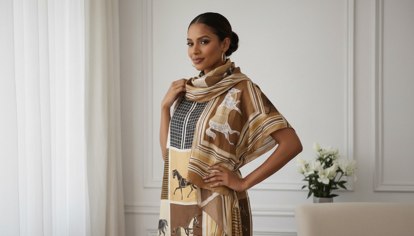 Full Length dress with scarf Horse print in Beige and Brown