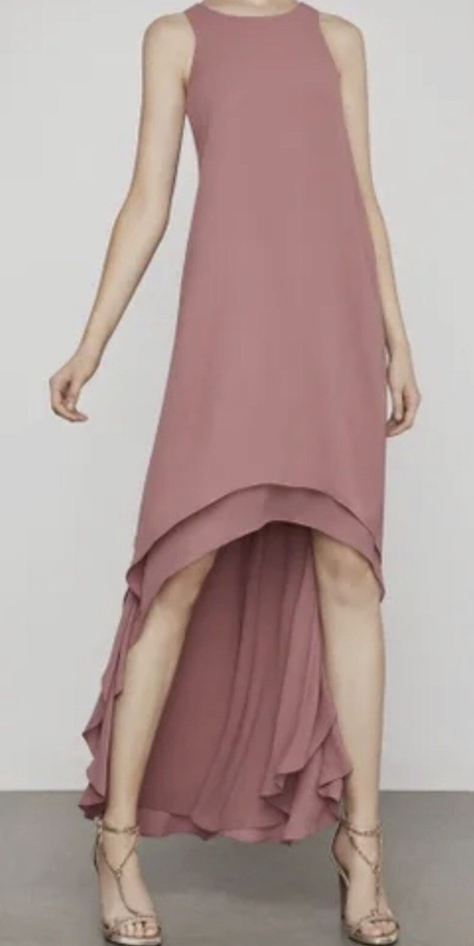 NWT BCBG MAXAZRIA SIZE S DACEY ROSE BACK CASCADE RUFFLE HIGH-LOW DRESS MRP $268