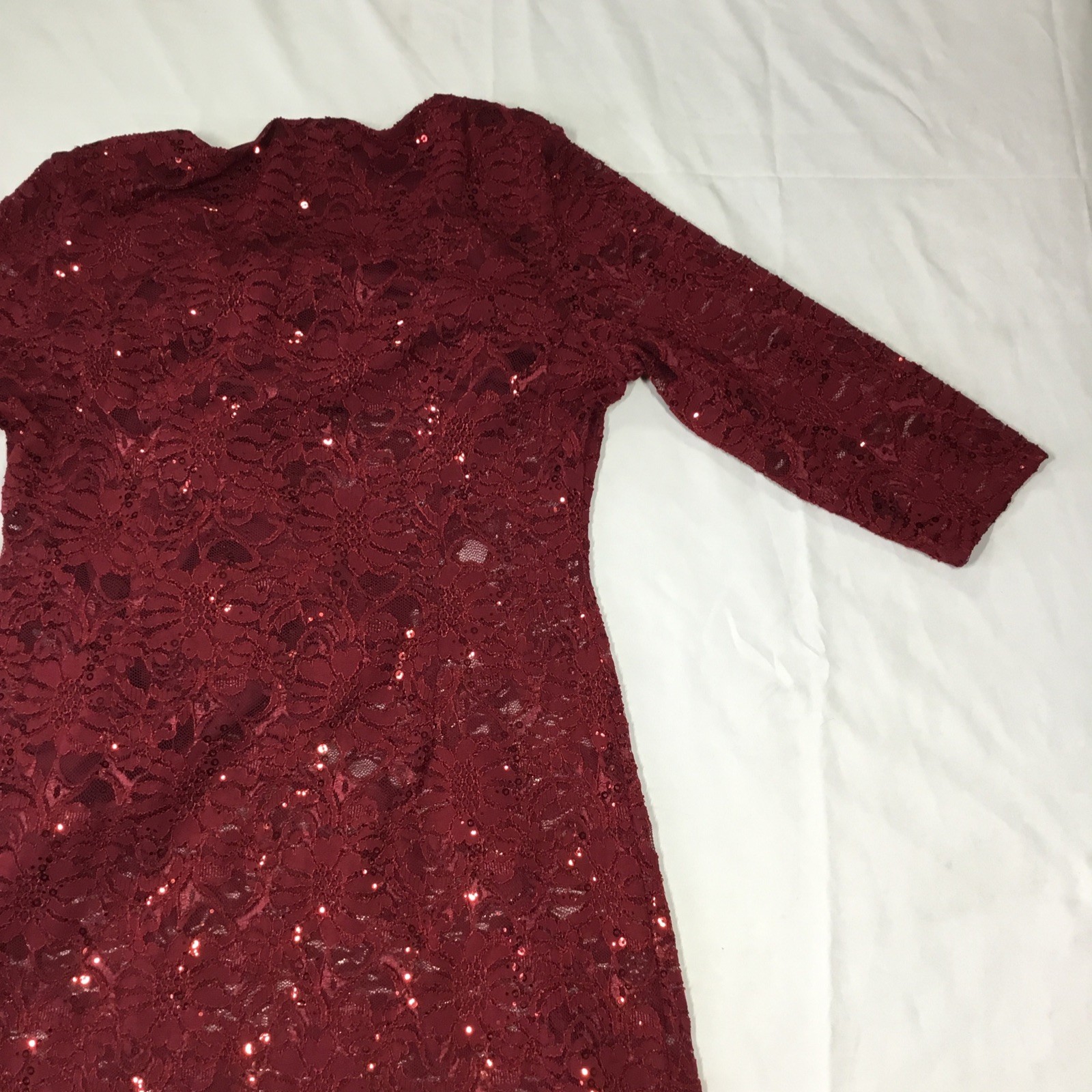 Precis Red Lace Floral Sequin Sleeve Knee Dress UK 14