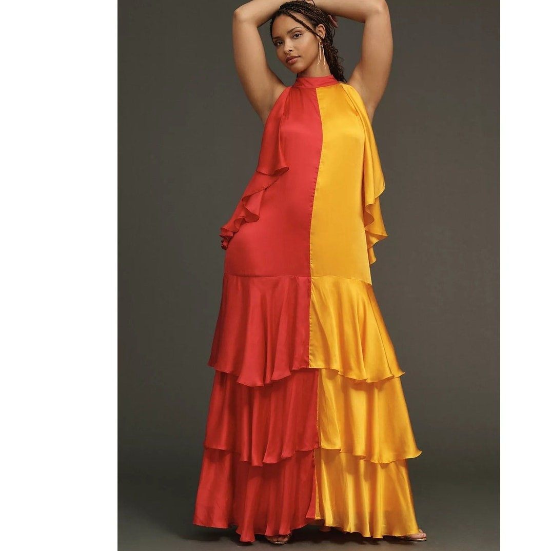 New Anthropologie x Pinnacle Mock-Neck Colorblock Ruffle Dress $248 Pink Yellow